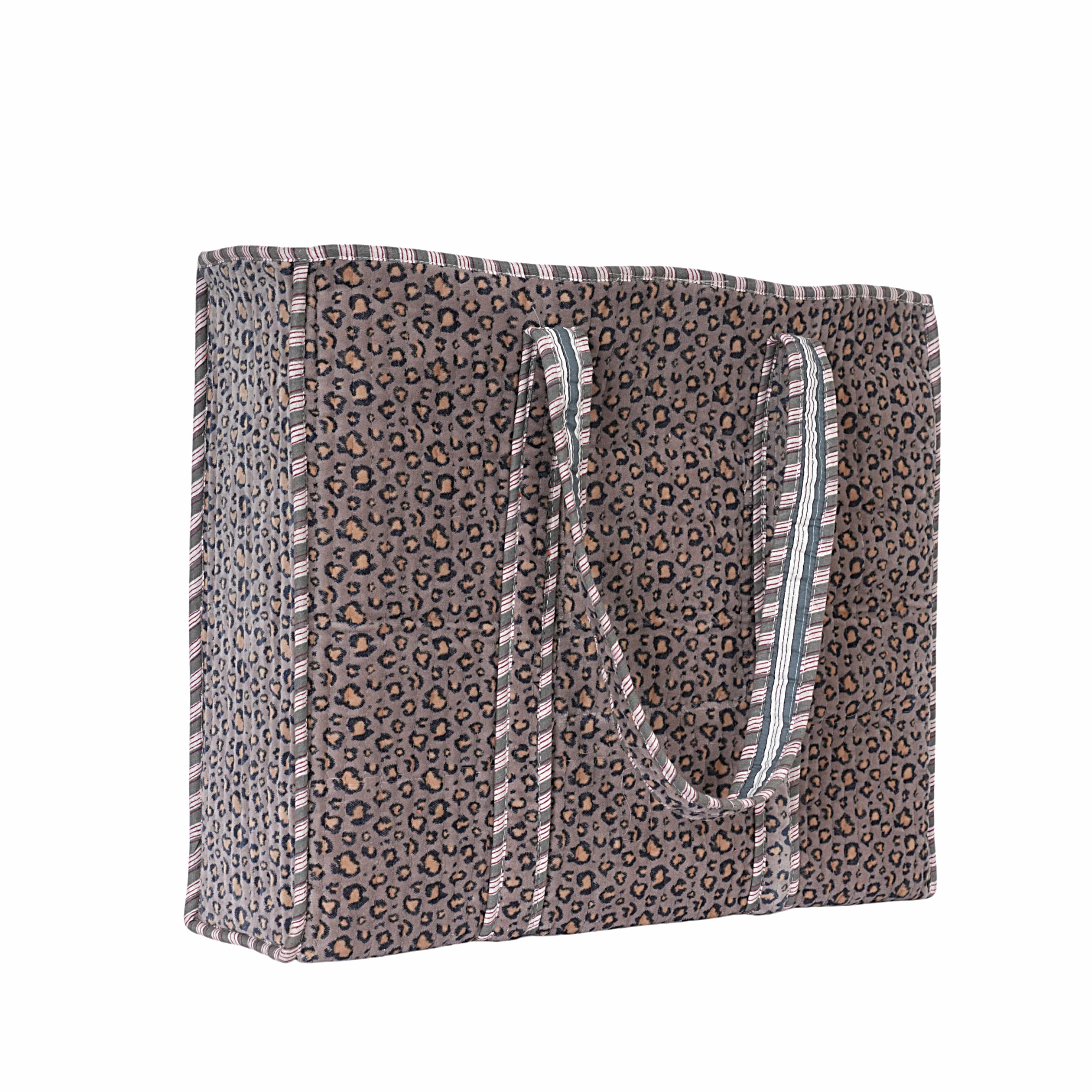 The Velvet Leopard Tote — handmade quilted velvet tote bag, ethically made in Rajasthan, India