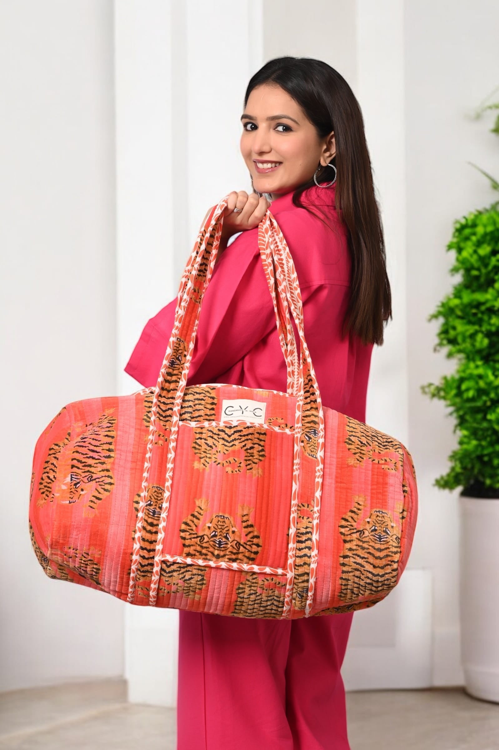 Close-up of The Tibetan Tiger Velvet Weekender&