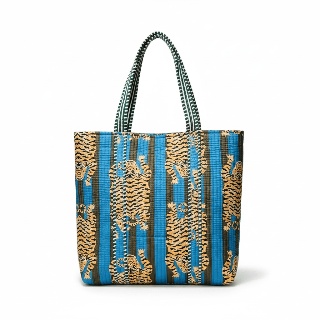 The Tibetan Tiger Tote — handmade hand block printed cotton tote bag, ethically made in Rajasthan, India