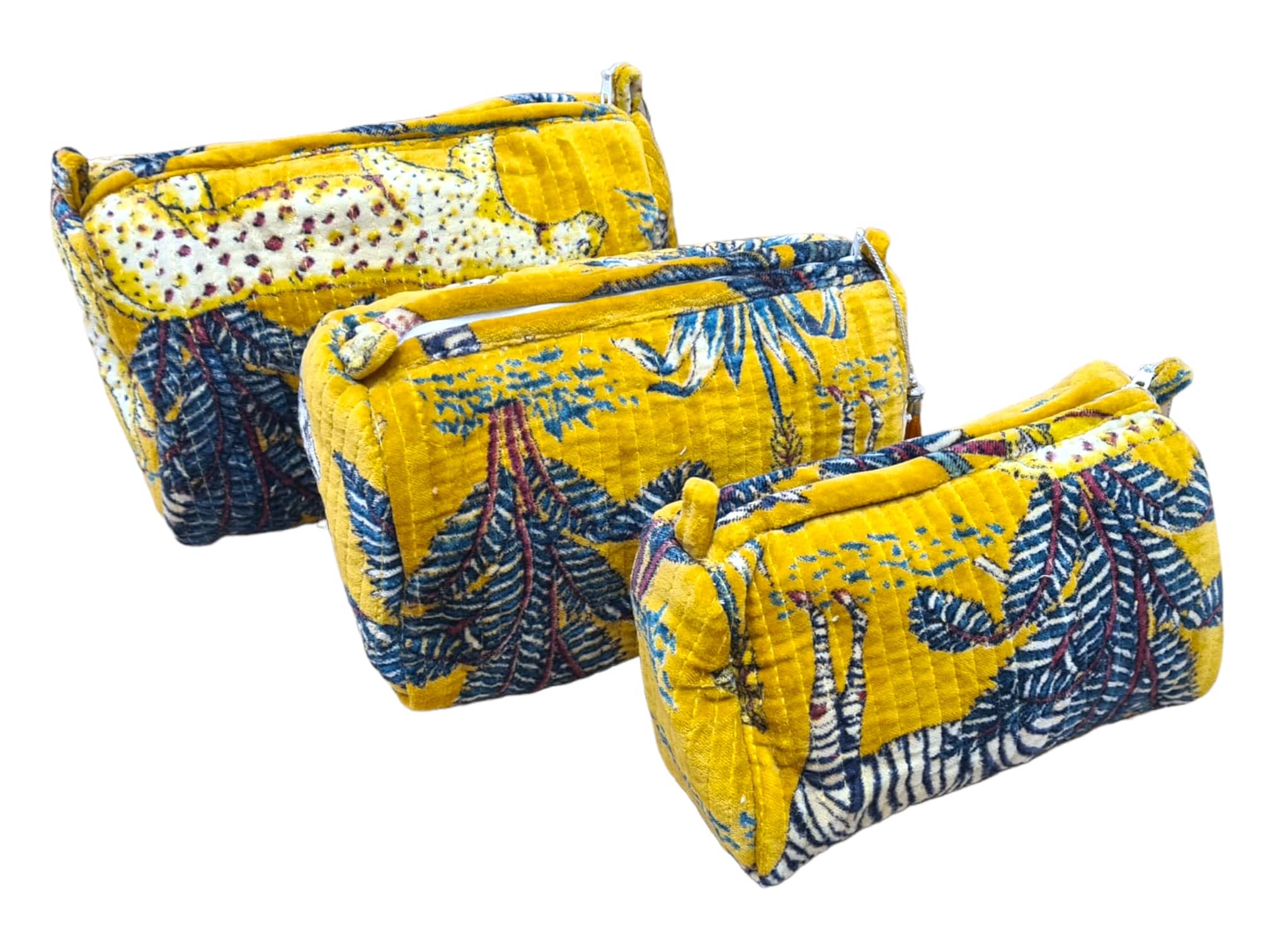 The Jungle Velvet 3 Piece Travel Set — handmade quilted velvet travel pouch set, ethically made in Rajasthan, India