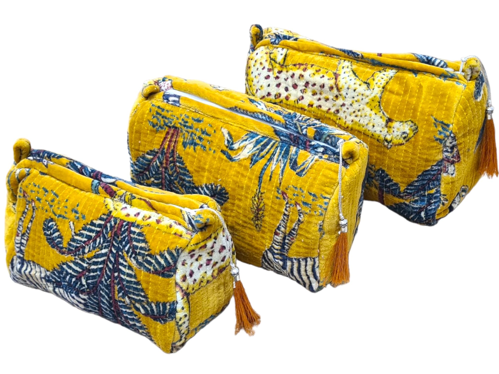 The Jungle Velvet 3 Piece Travel Set — handmade quilted velvet travel pouch set, ethically made in Rajasthan, India