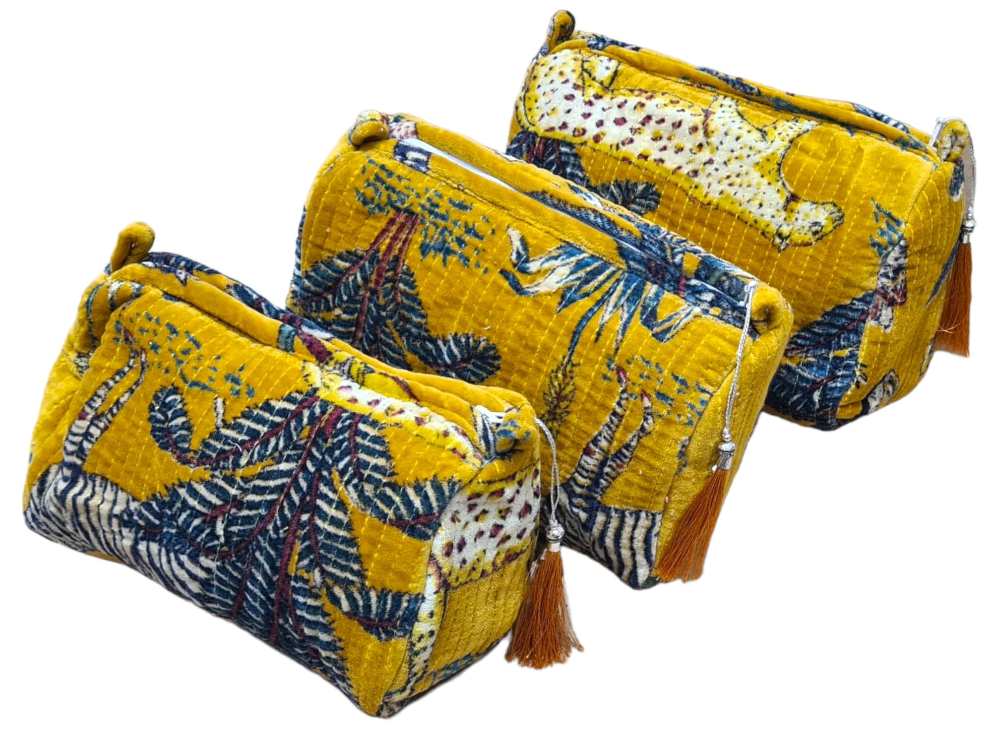The Jungle Velvet 3 Piece Travel Set — handmade quilted velvet travel pouch set, ethically made in Rajasthan, India
