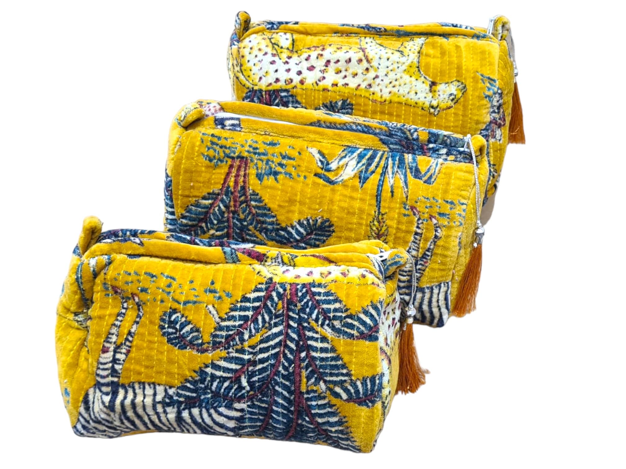 The Jungle Velvet 3 Piece Travel Set — handmade quilted velvet travel pouch set, ethically made in Rajasthan, India