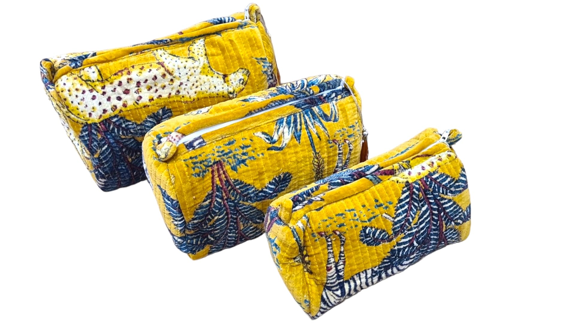 The Jungle Velvet 3 Piece Travel Set — handmade quilted velvet travel pouch set, ethically made in Rajasthan, India