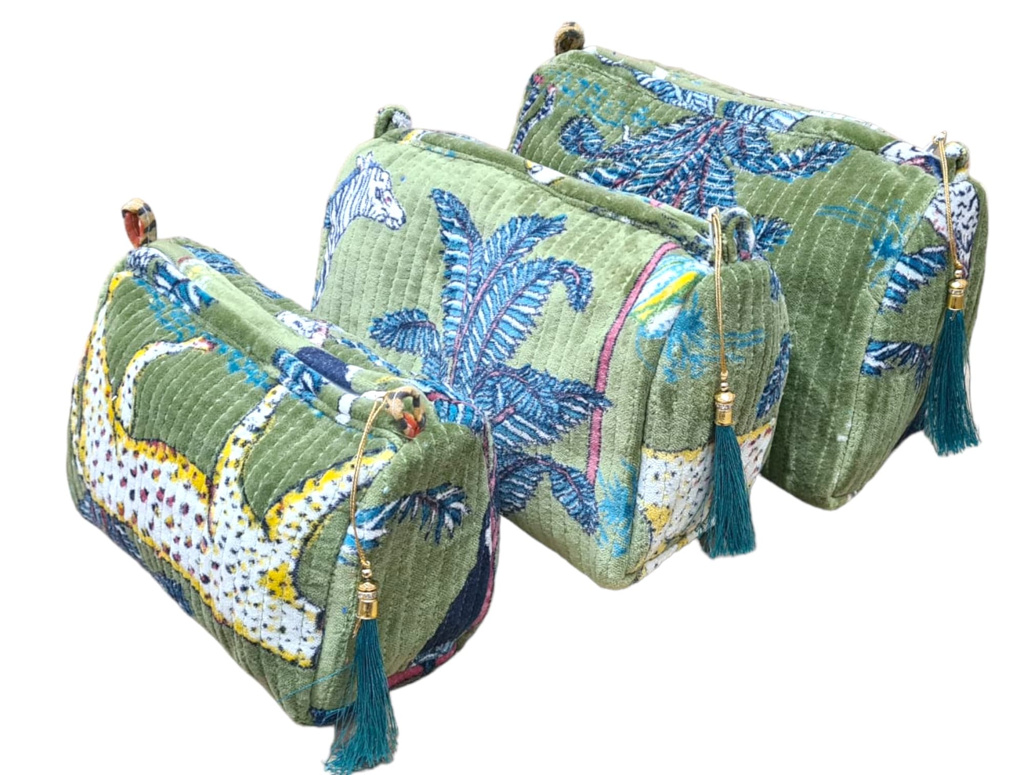 The Jungle Velvet 3 Piece Travel Set — handmade quilted velvet travel pouch set, ethically made in Rajasthan, India