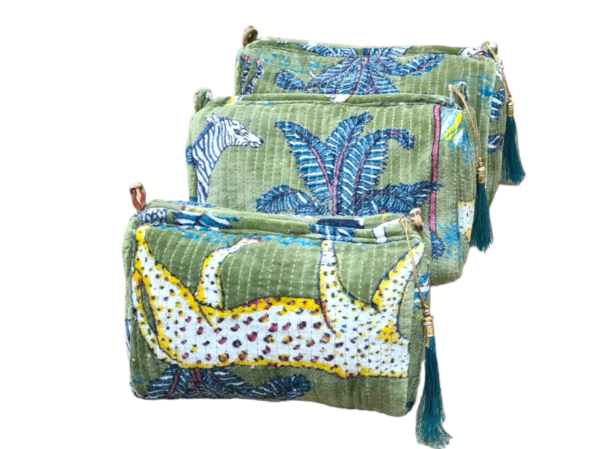 The Jungle Velvet 3 Piece Travel Set — handmade quilted velvet travel pouch set, ethically made in Rajasthan, India