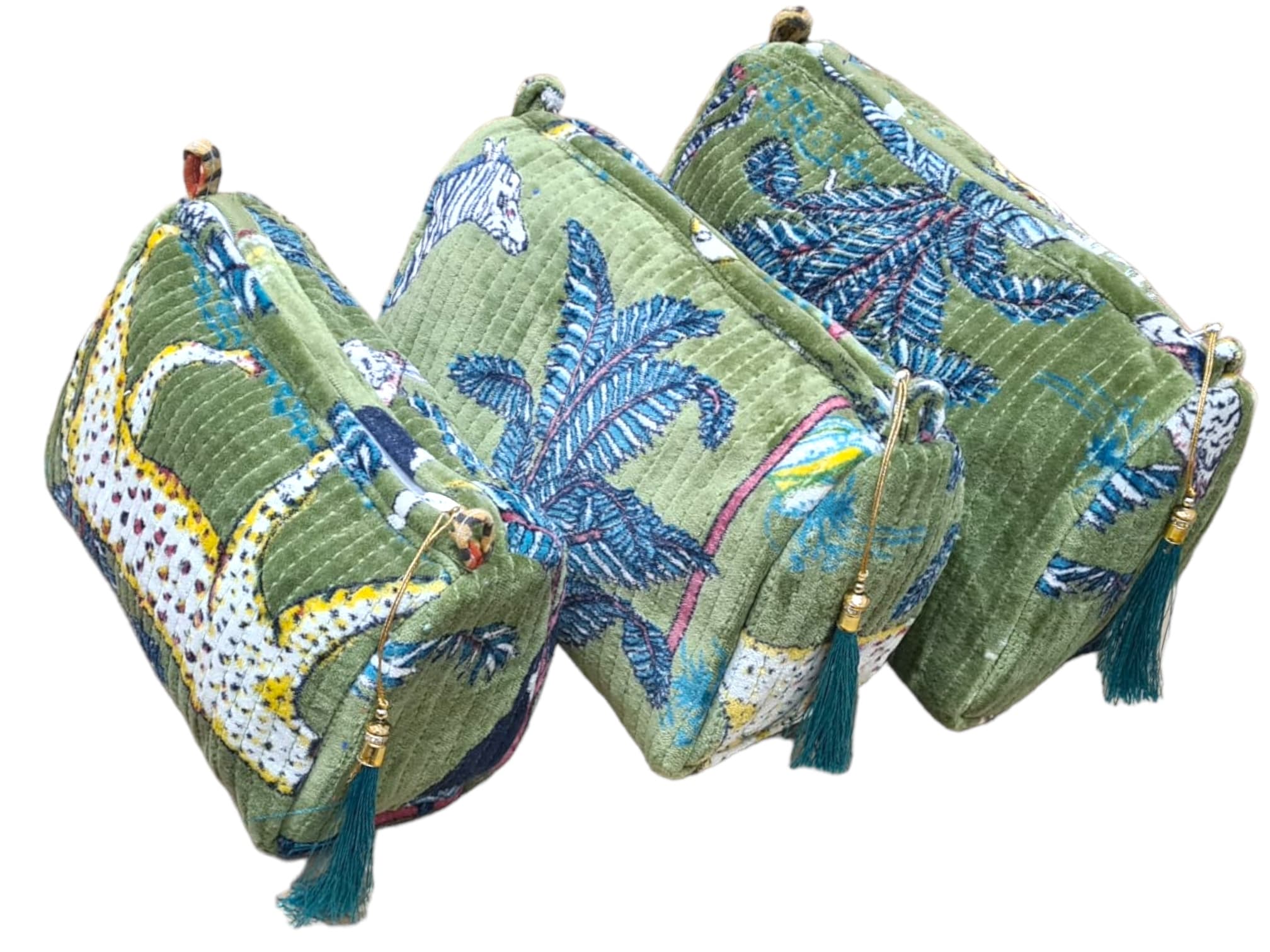 The Jungle Velvet 3 Piece Travel Set — handmade quilted velvet travel pouch set, ethically made in Rajasthan, India