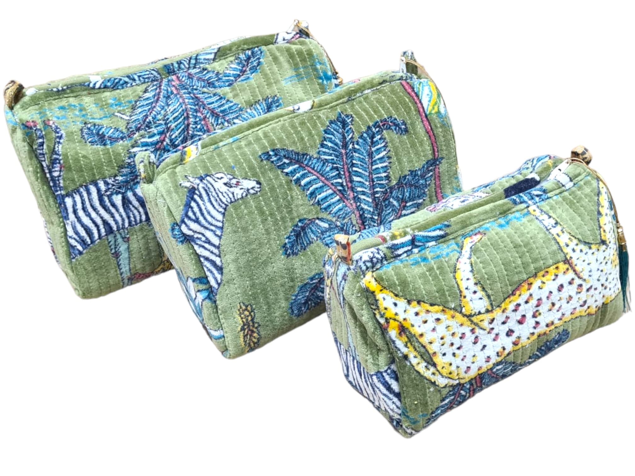 The Jungle Velvet 3 Piece Travel Set — handmade quilted velvet travel pouch set, ethically made in Rajasthan, India