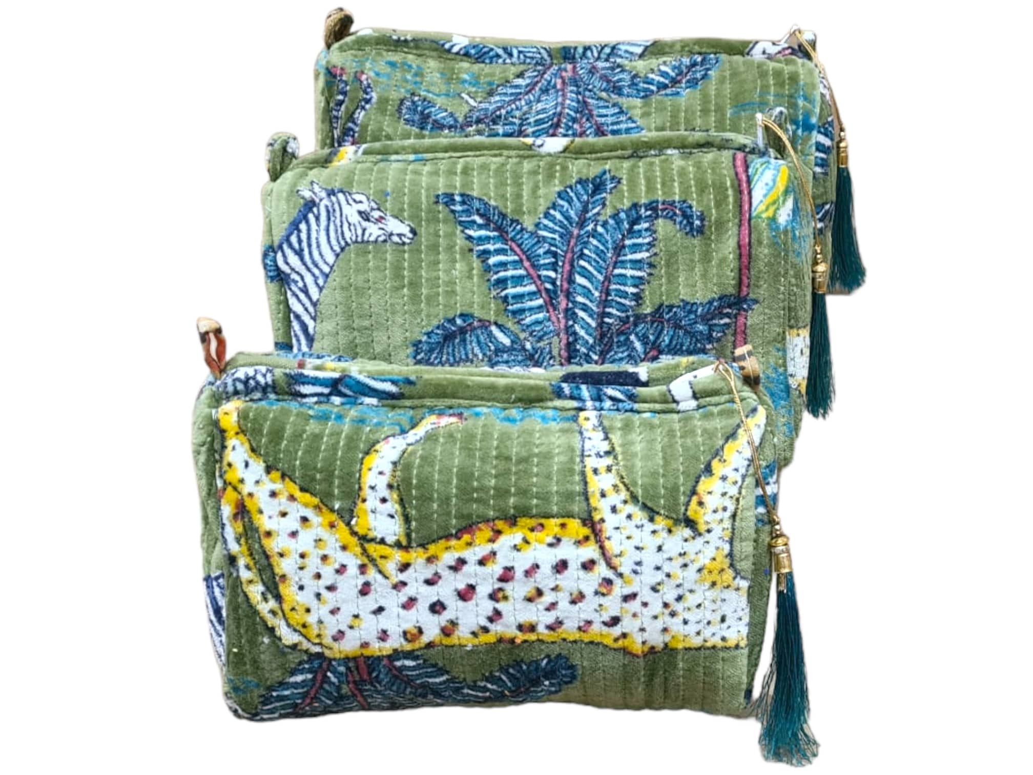 The Jungle Velvet 3 Piece Travel Set — handmade quilted velvet travel pouch set, ethically made in Rajasthan, India