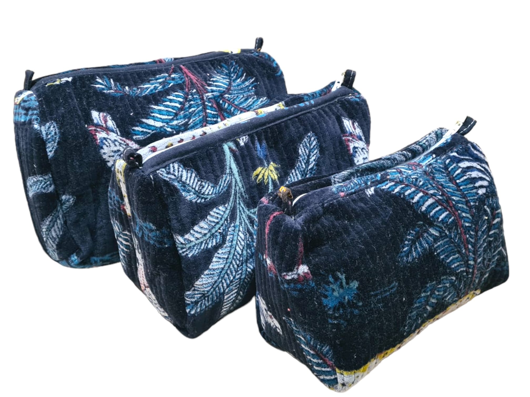 The Jungle Velvet 3 Piece Travel Set — handmade quilted velvet travel pouch set, ethically made in Rajasthan, India