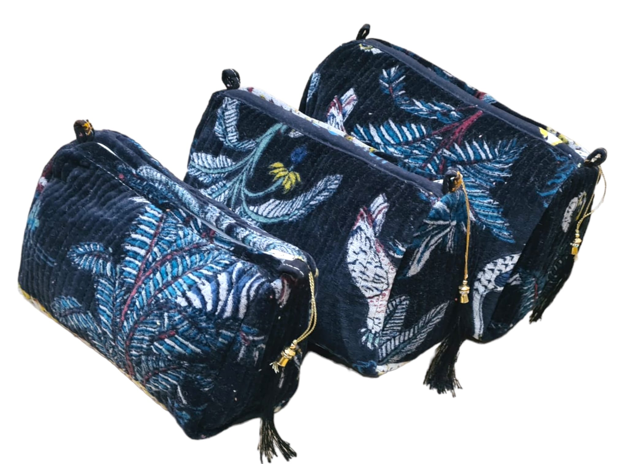 The Jungle Velvet 3 Piece Travel Set — handmade quilted velvet travel pouch set, ethically made in Rajasthan, India