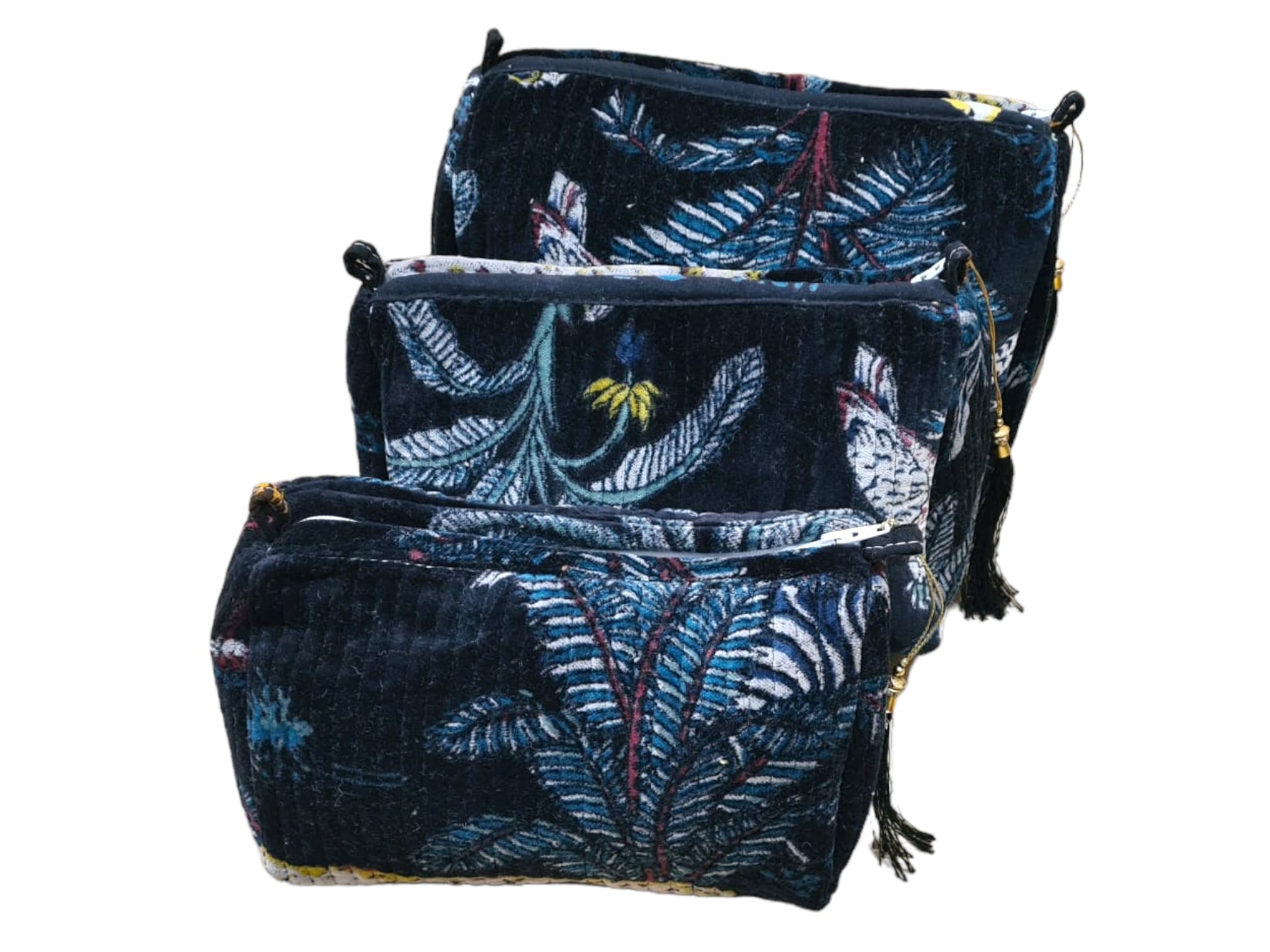 The Jungle Velvet 3 Piece Travel Set — handmade quilted velvet travel pouch set, ethically made in Rajasthan, India