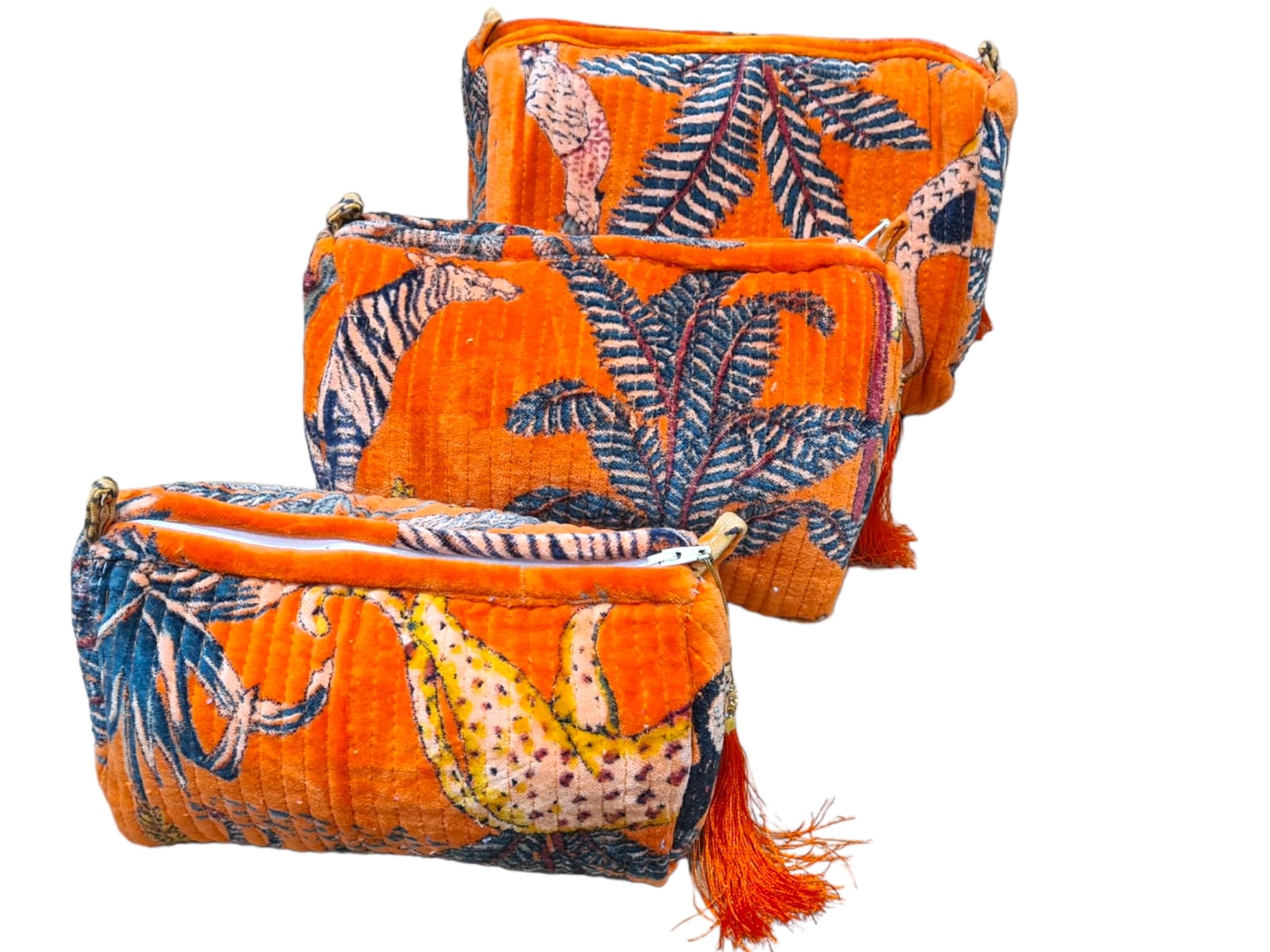 The Jungle Velvet 3 Piece Travel Set — handmade quilted velvet travel pouch set, ethically made in Rajasthan, India