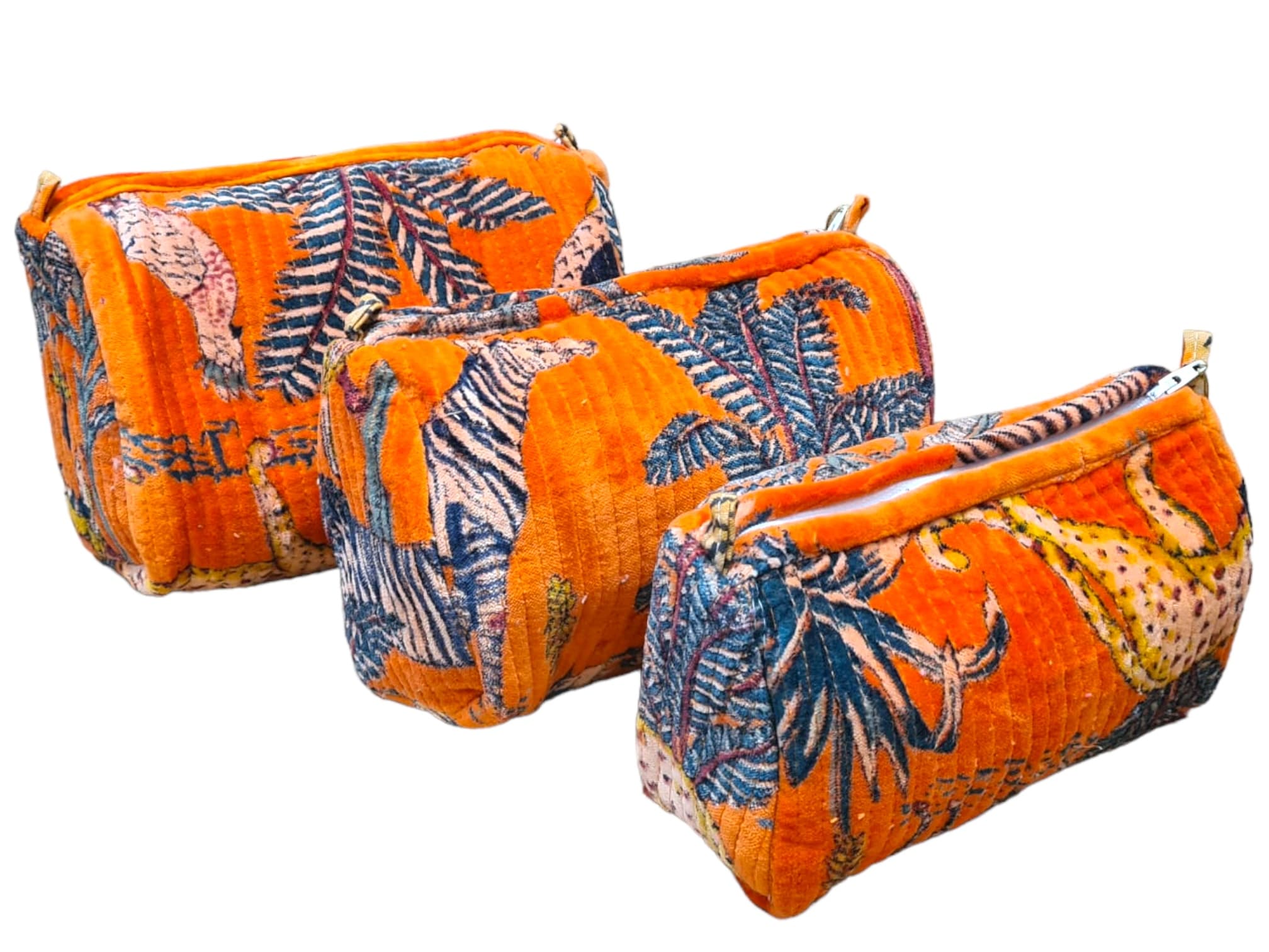 The Jungle Velvet 3 Piece Travel Set — handmade quilted velvet travel pouch set, ethically made in Rajasthan, India