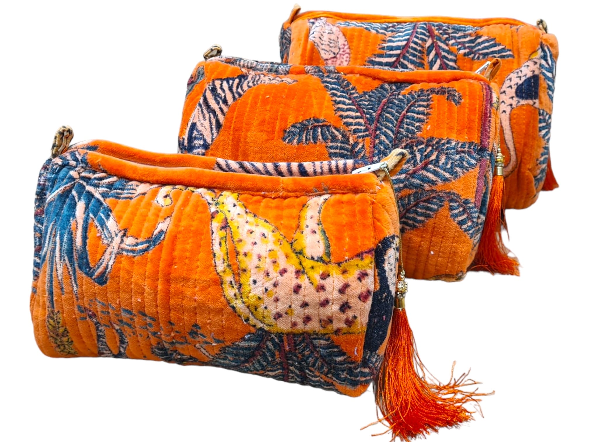 The Jungle Velvet 3 Piece Travel Set — handmade quilted velvet travel pouch set, ethically made in Rajasthan, India