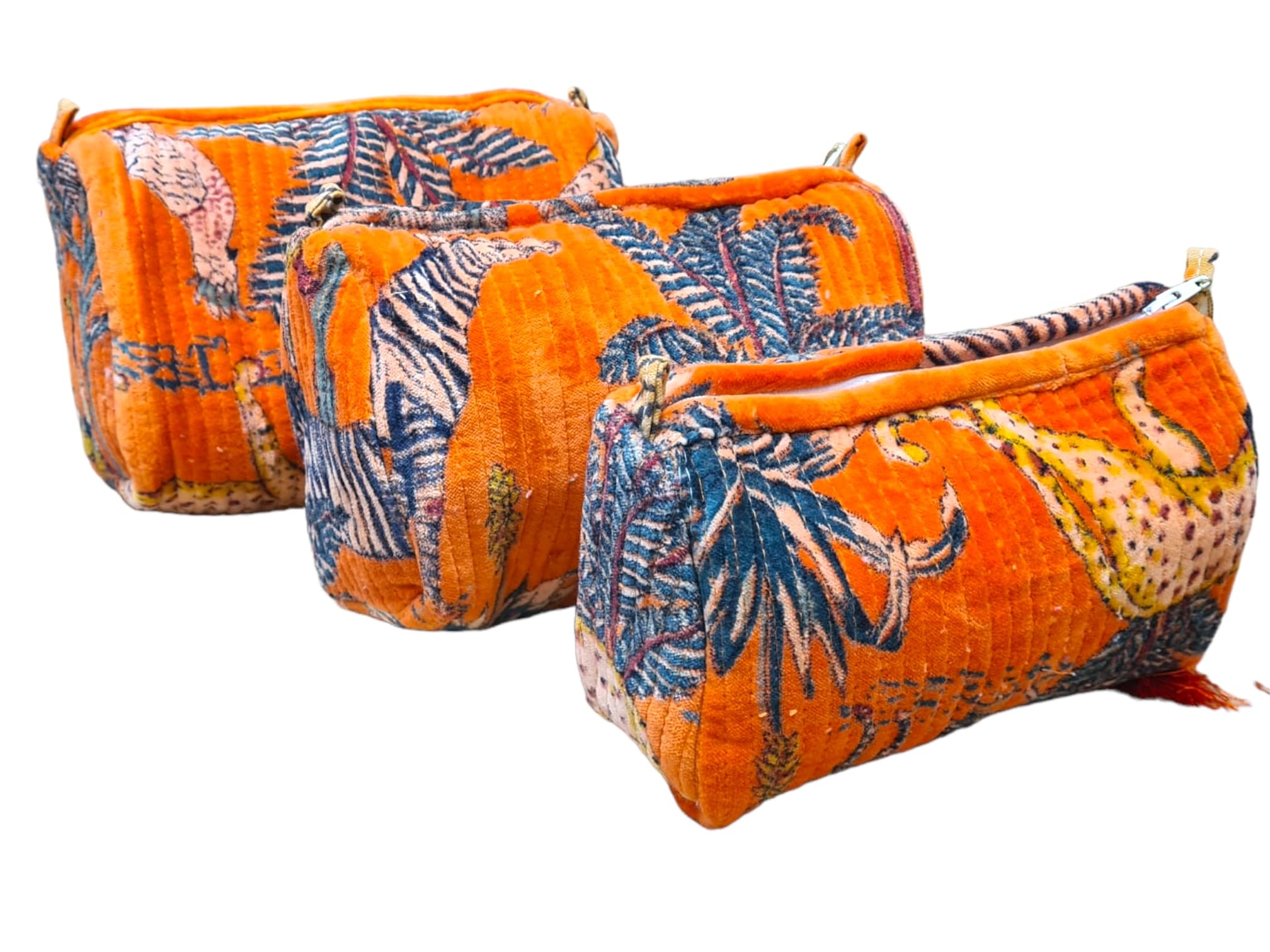 The Jungle Velvet 3 Piece Travel Set — handmade quilted velvet travel pouch set, ethically made in Rajasthan, India