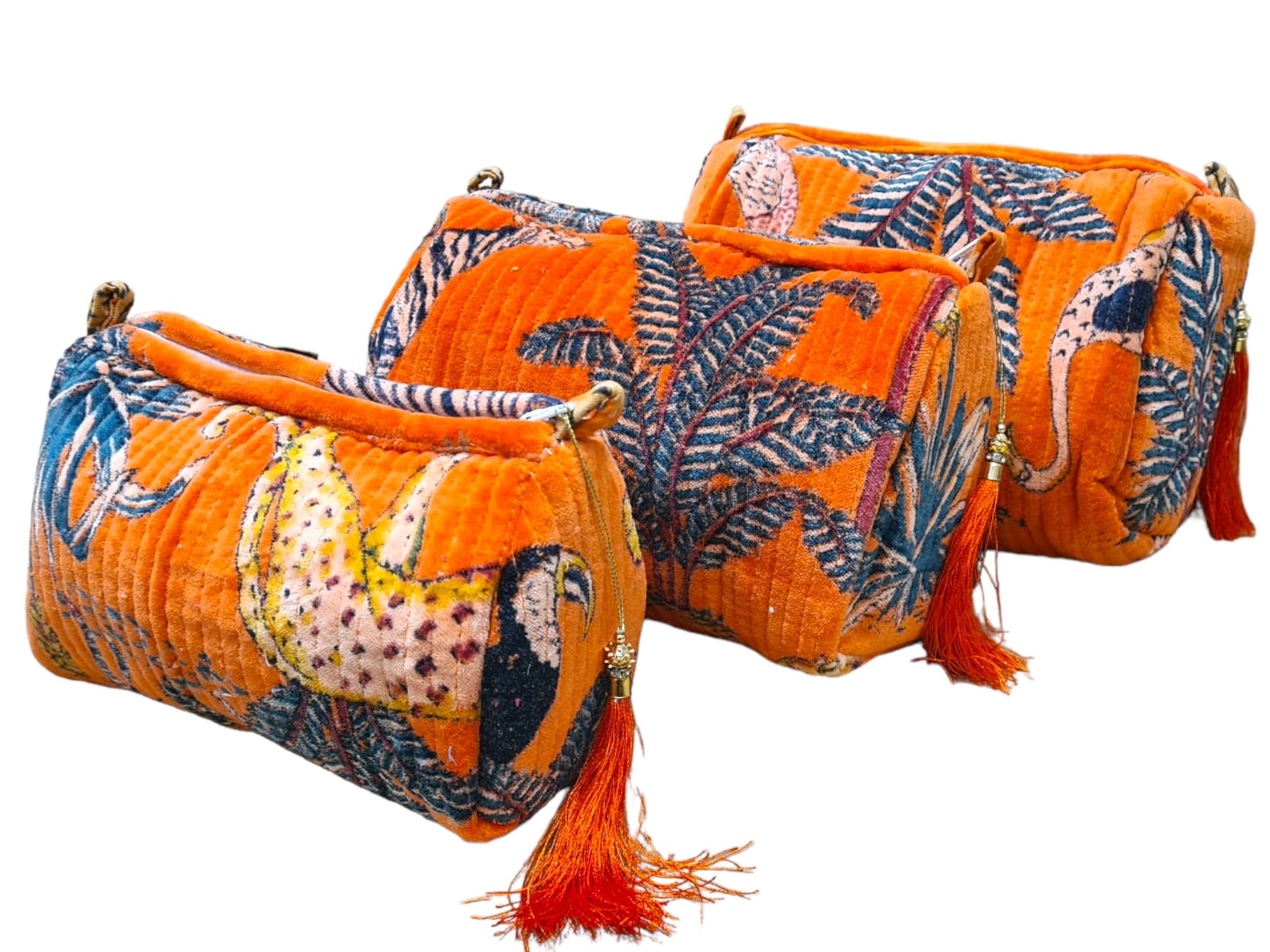 The Jungle Velvet 3 Piece Travel Set — handmade quilted velvet travel pouch set, ethically made in Rajasthan, India