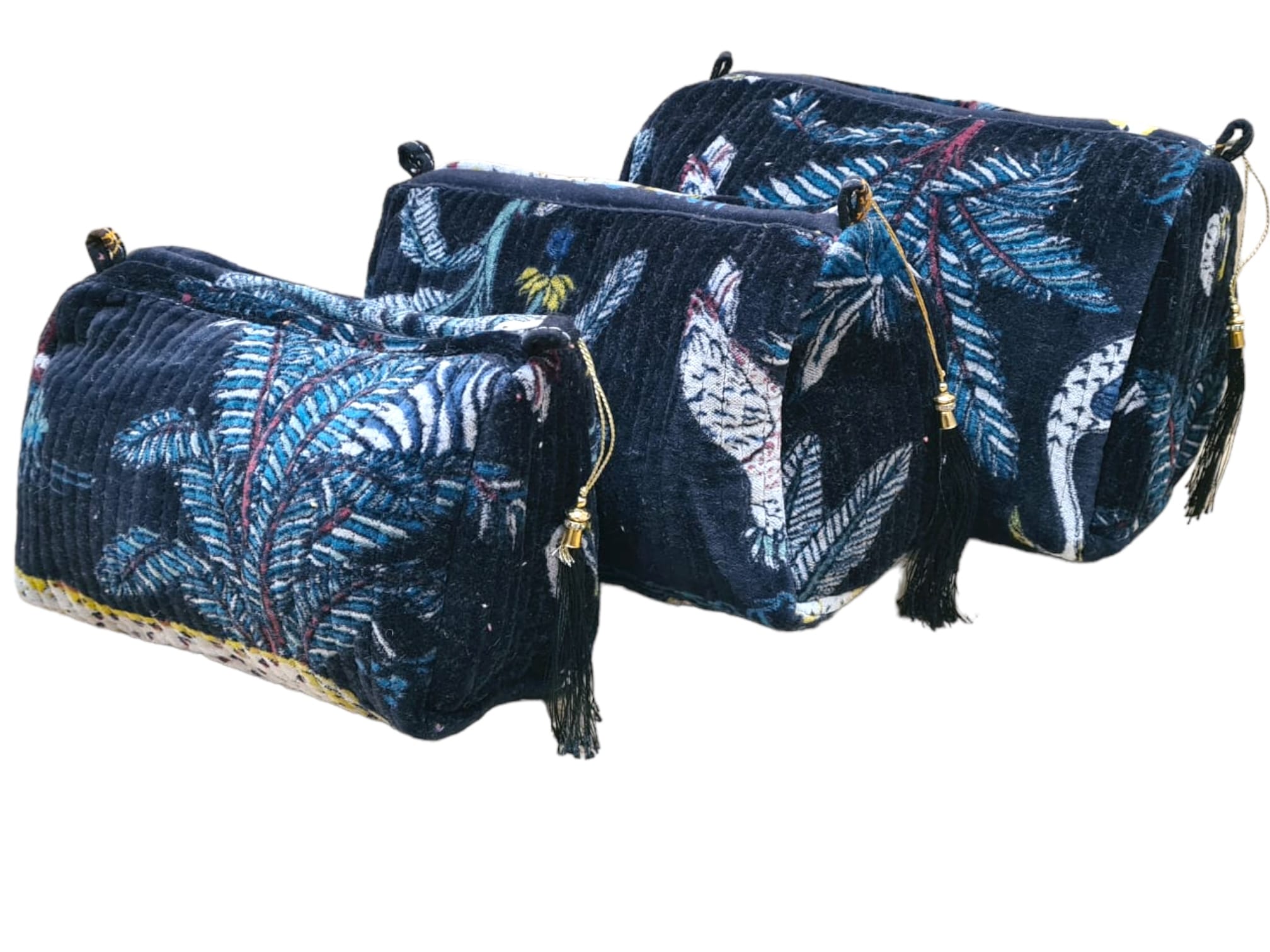 The Jungle Velvet 3 Piece Travel Set — handmade quilted velvet travel pouch set, ethically made in Rajasthan, India