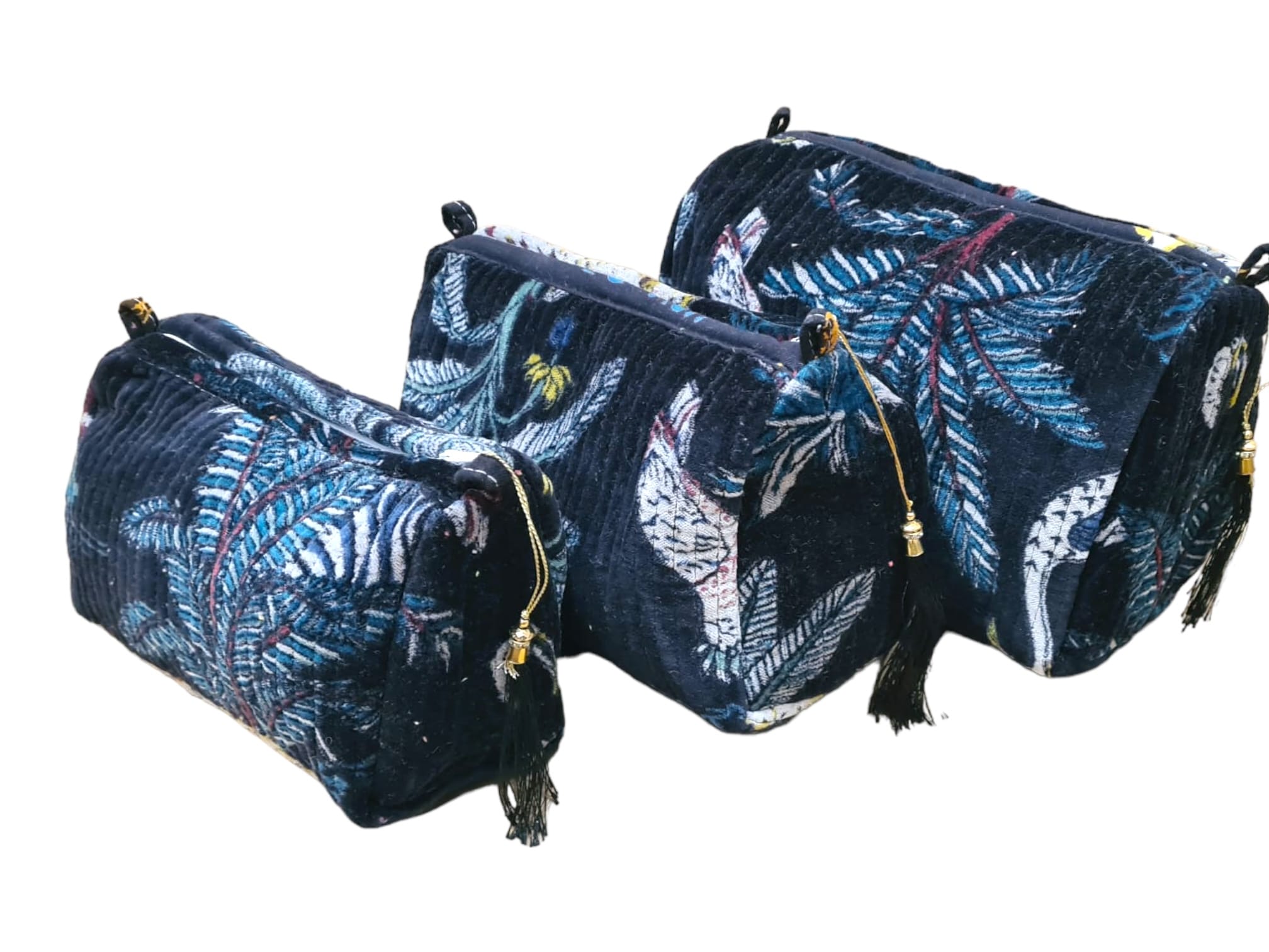 The Jungle Velvet 3 Piece Travel Set — handmade quilted velvet travel pouch set, ethically made in Rajasthan, India