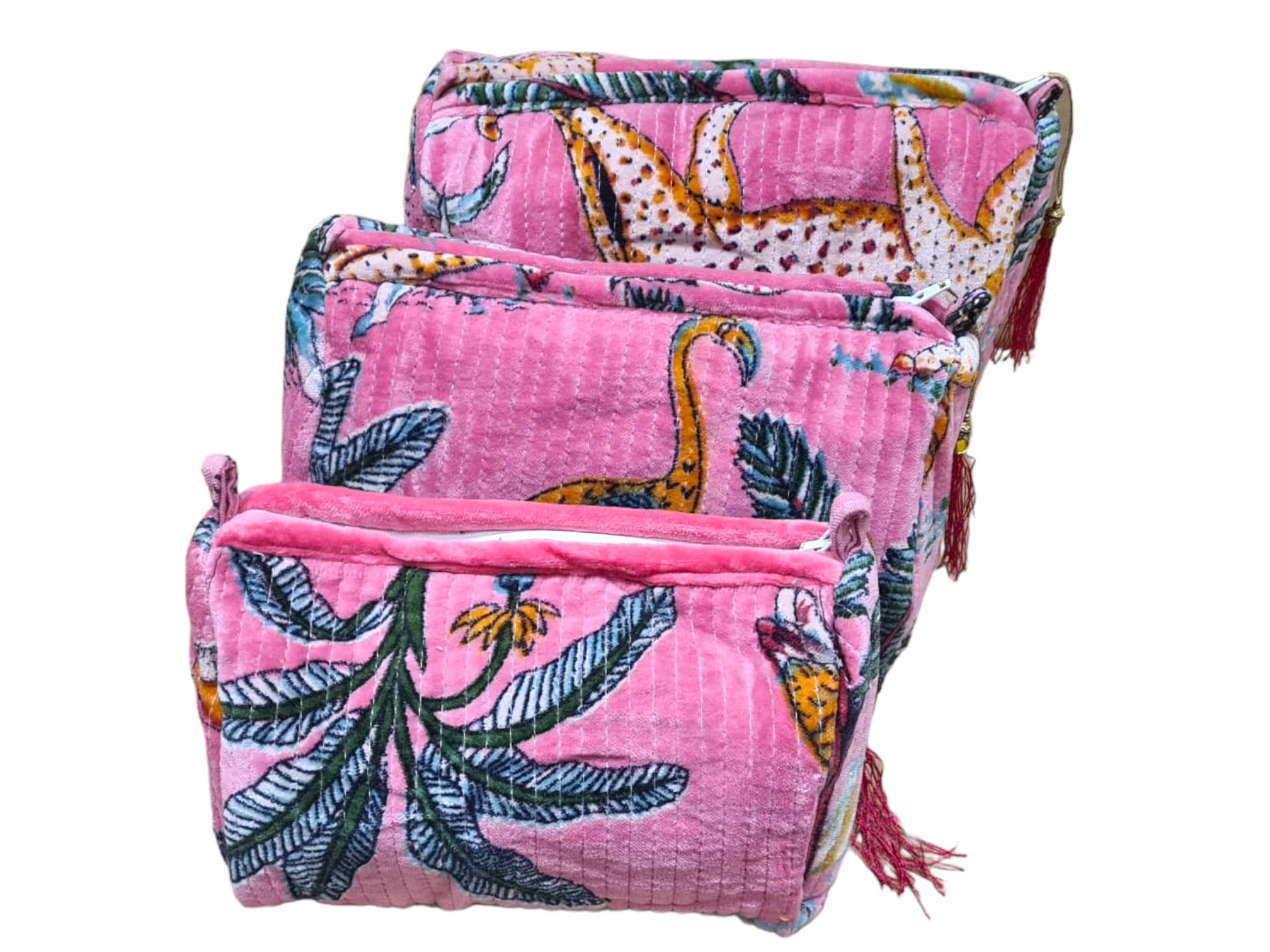 The Jungle Velvet 3 Piece Travel Set — handmade quilted velvet travel pouch set, ethically made in Rajasthan, India