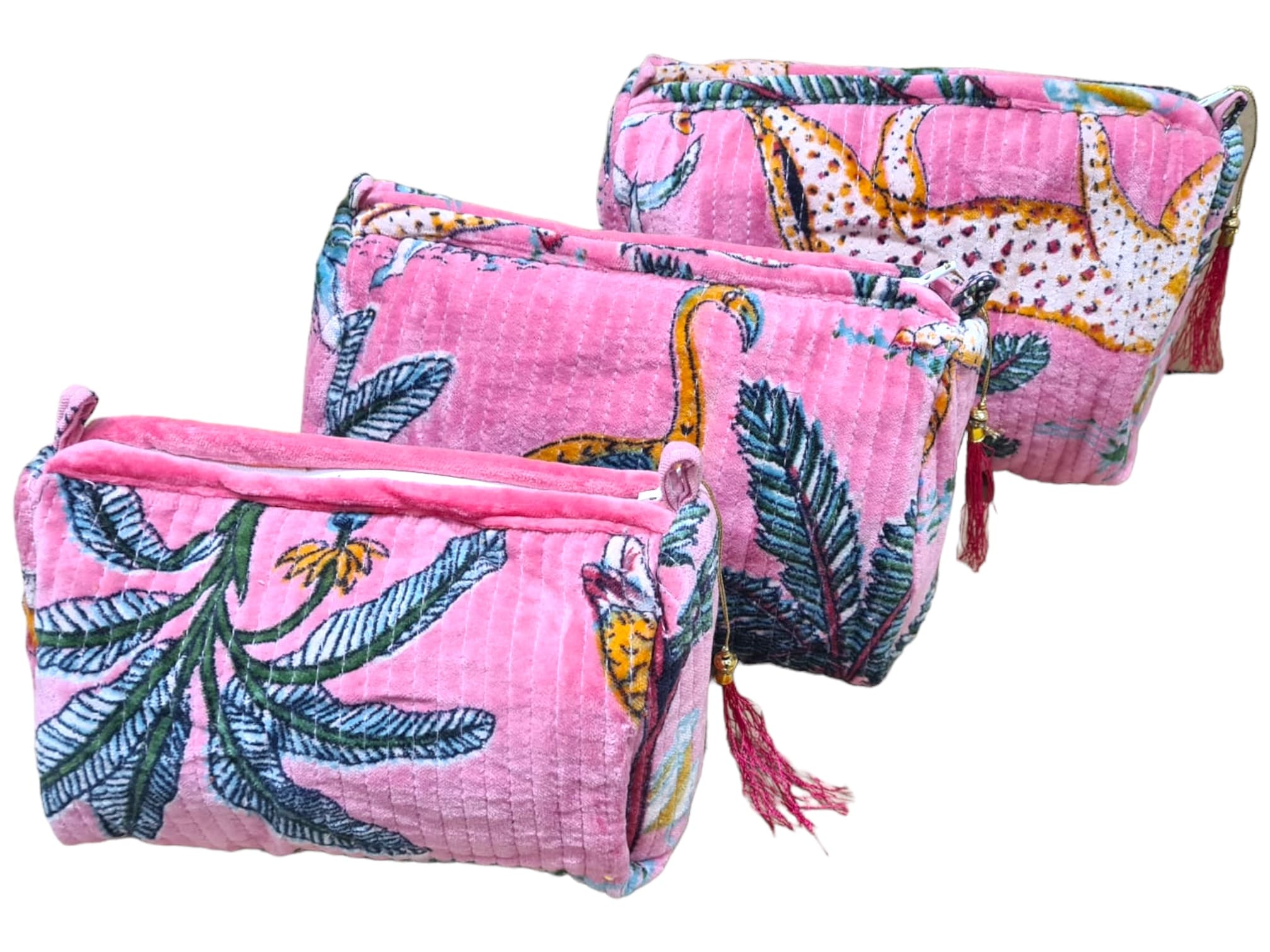 The Jungle Velvet 3 Piece Travel Set — handmade quilted velvet travel pouch set, ethically made in Rajasthan, India