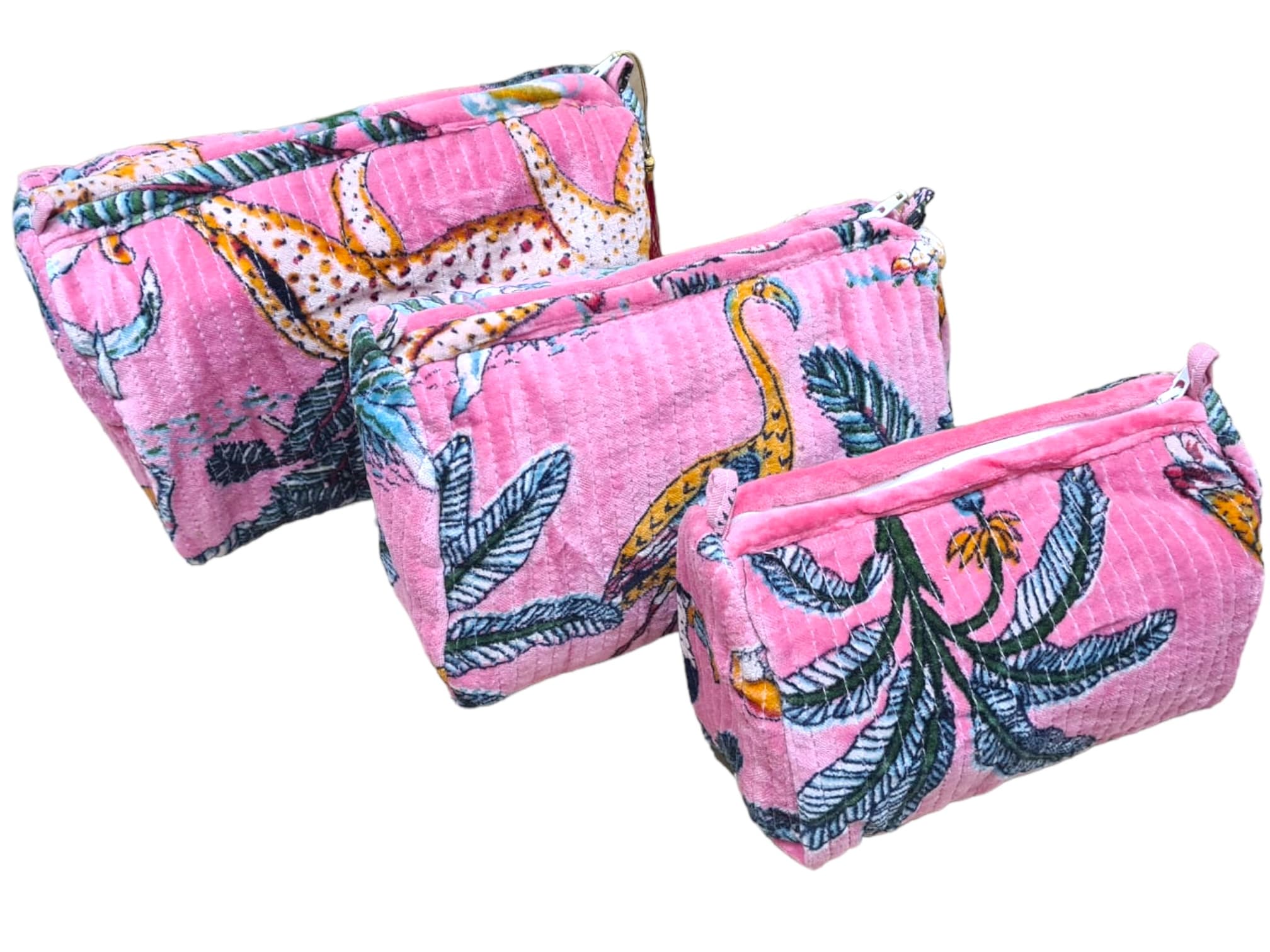 The Jungle Velvet 3 Piece Travel Set — handmade quilted velvet travel pouch set, ethically made in Rajasthan, India