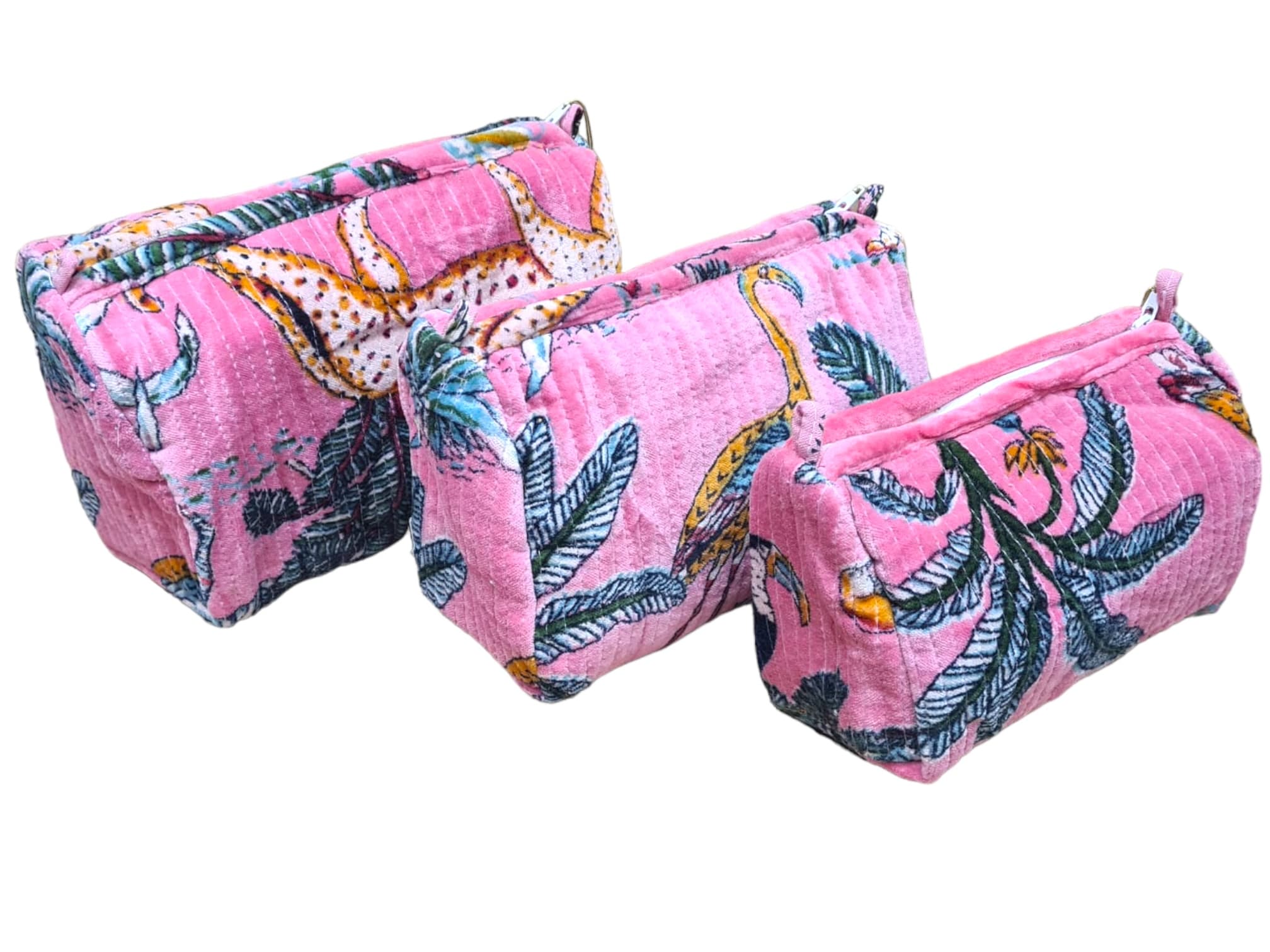 The Jungle Velvet 3 Piece Travel Set — handmade quilted velvet travel pouch set, ethically made in Rajasthan, India