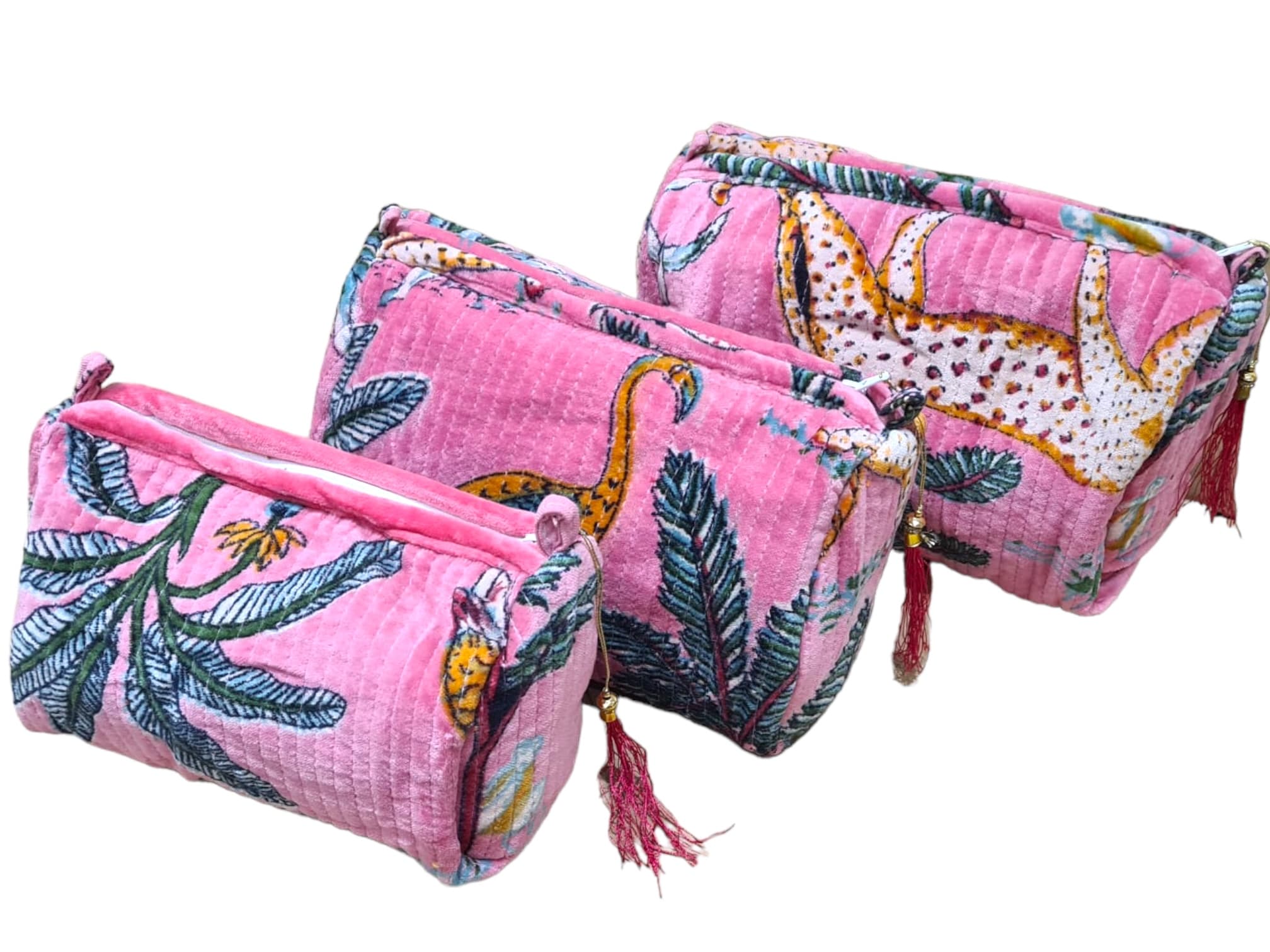 The Jungle Velvet 3 Piece Travel Set — handmade quilted velvet travel pouch set, ethically made in Rajasthan, India
