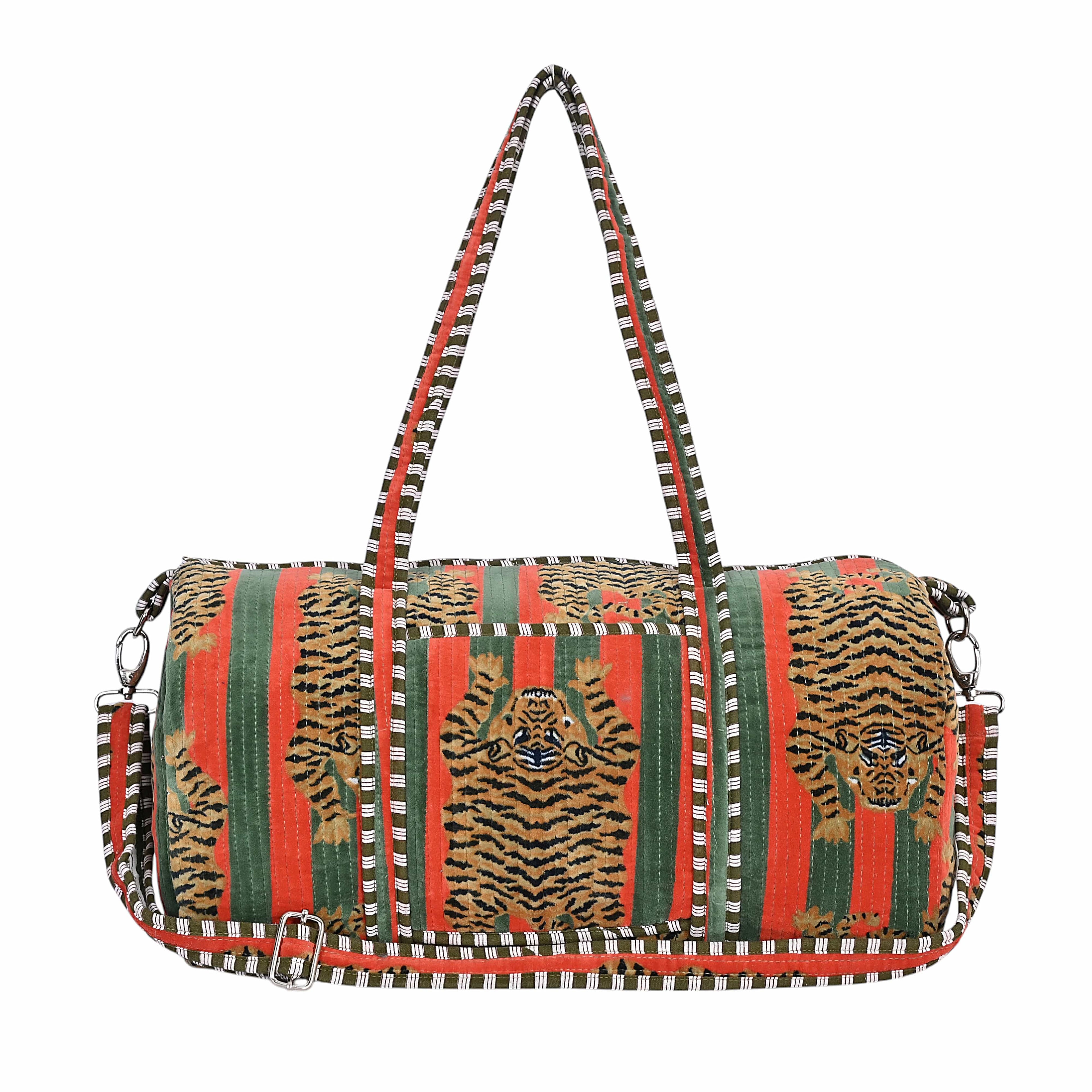 The Tibetan Tiger Velvet Weekender — handmade quilted velvet weekender bag, ethically made in Rajasthan, India