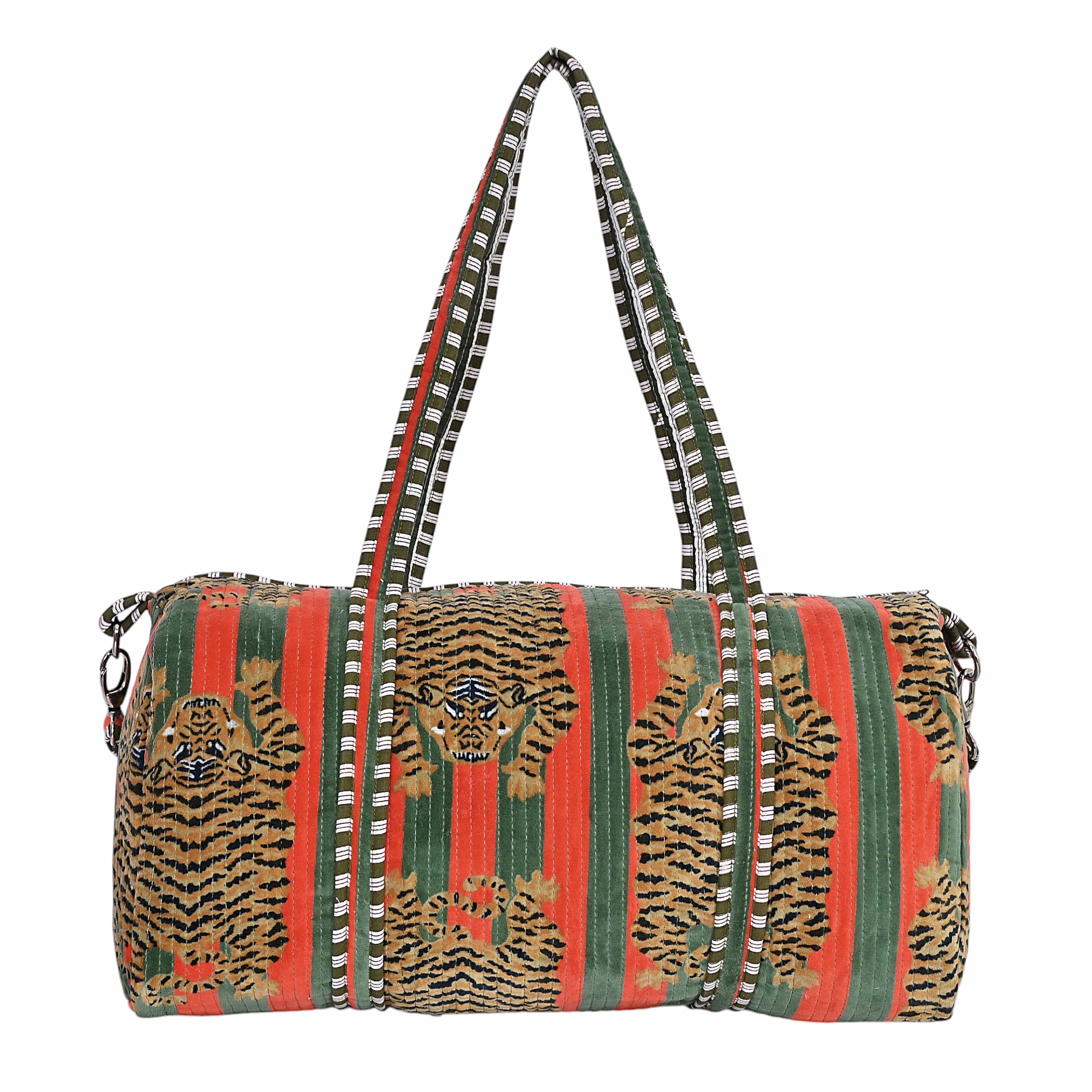 The Tibetan Tiger Velvet Weekender — handmade quilted velvet weekender bag, ethically made in Rajasthan, India