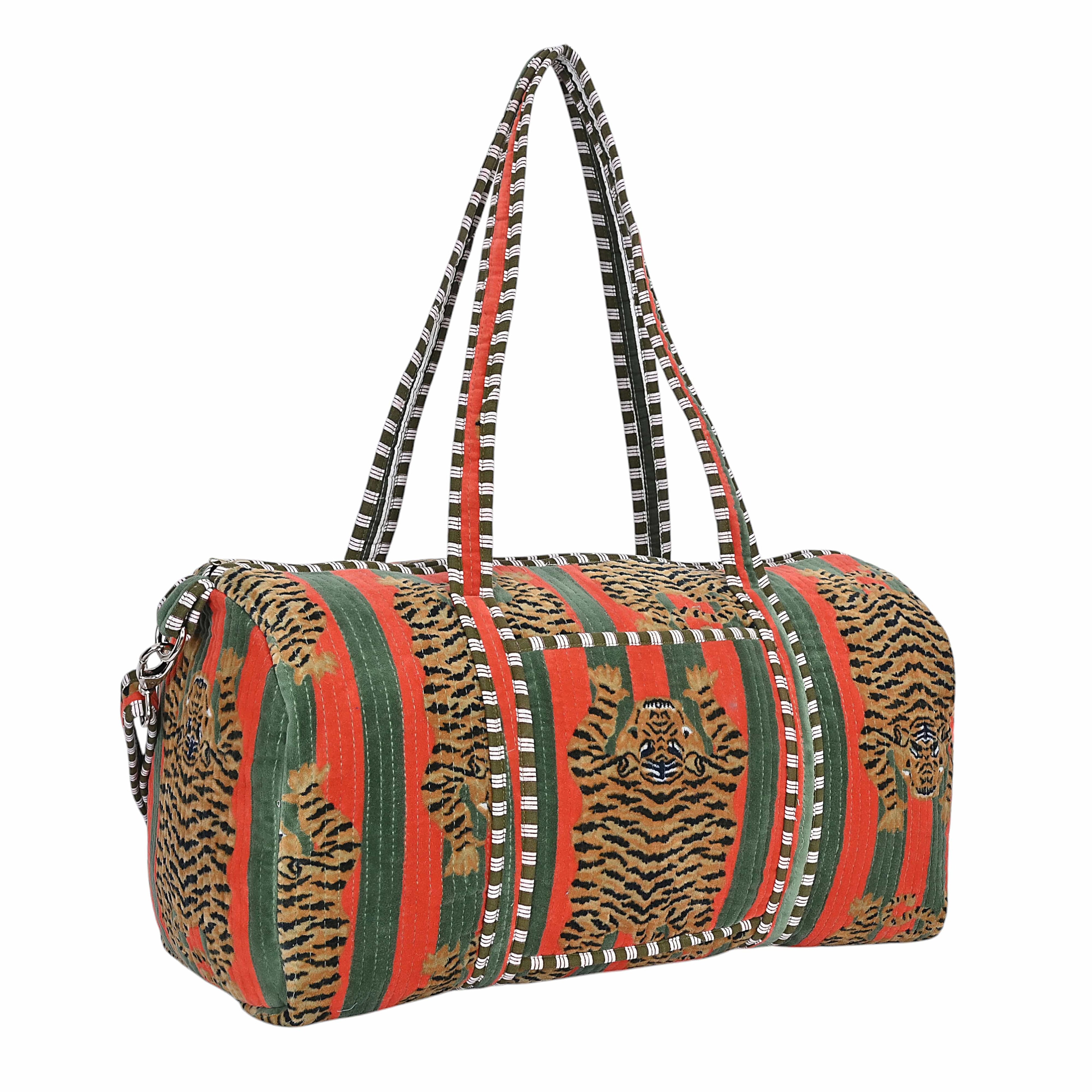 The Tibetan Tiger Velvet Weekender — handmade quilted velvet weekender bag, ethically made in Rajasthan, India