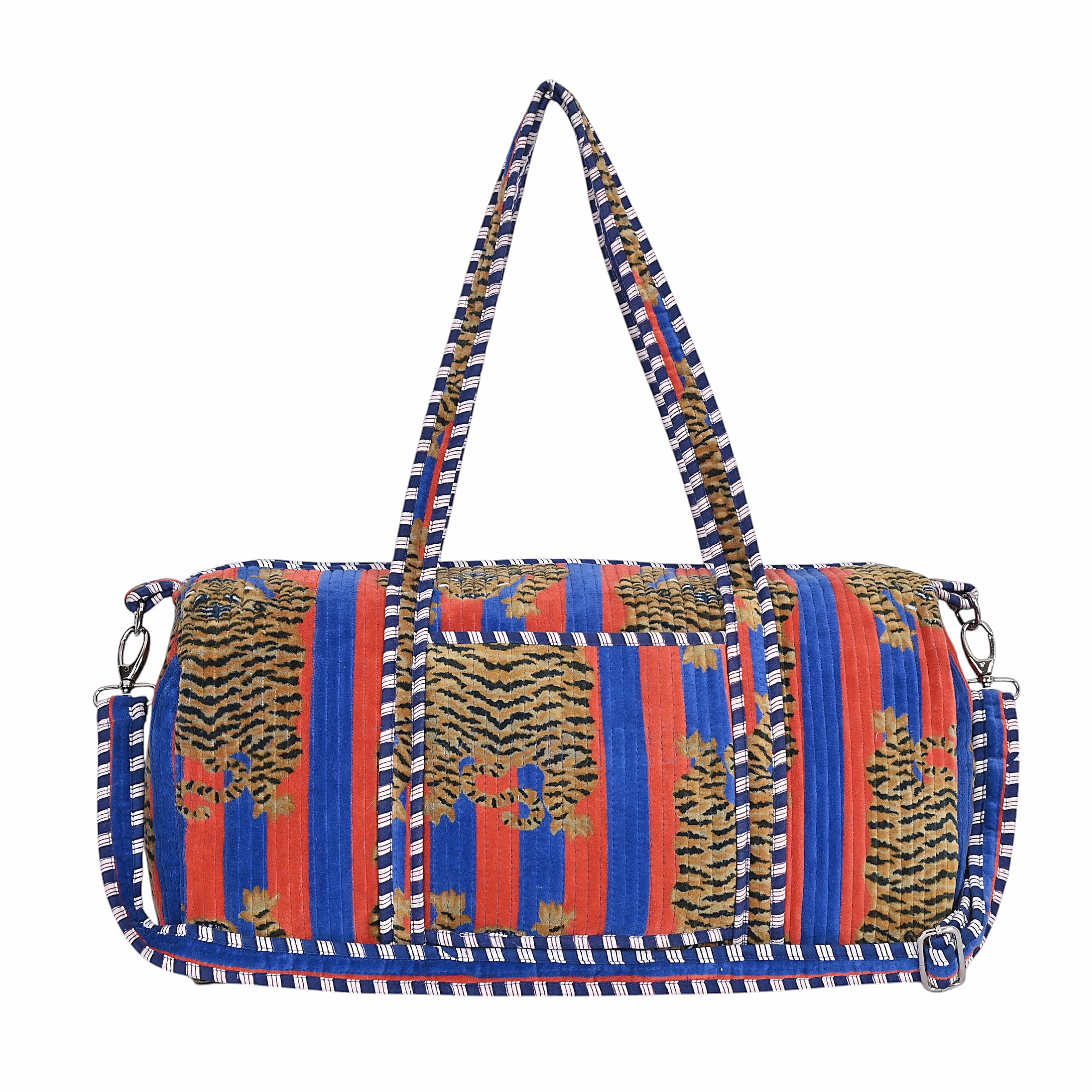 The Tibetan Tiger Velvet Weekender — handmade quilted velvet weekender bag, ethically made in Rajasthan, India