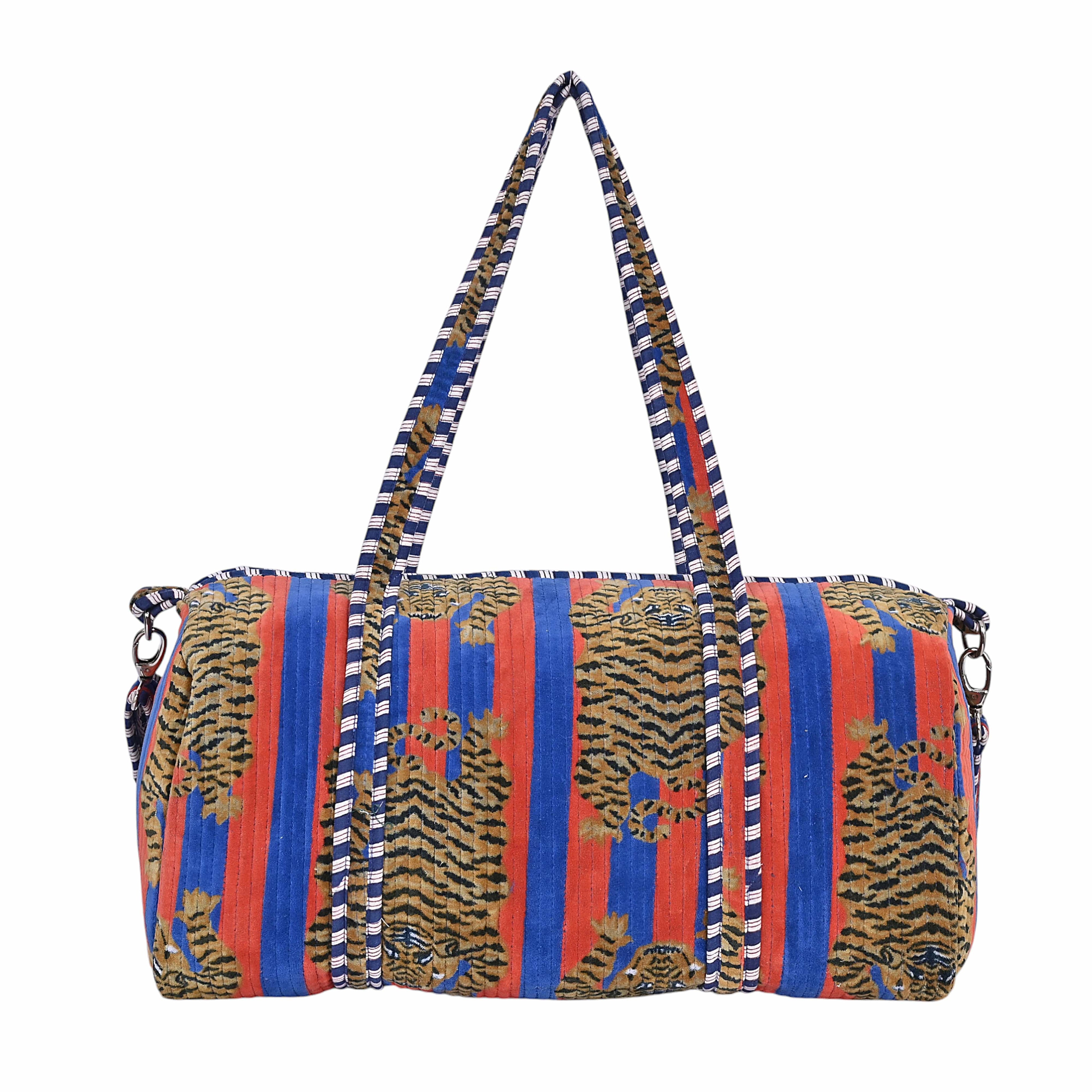 The Tibetan Tiger Velvet Weekender — handmade quilted velvet weekender bag, ethically made in Rajasthan, India