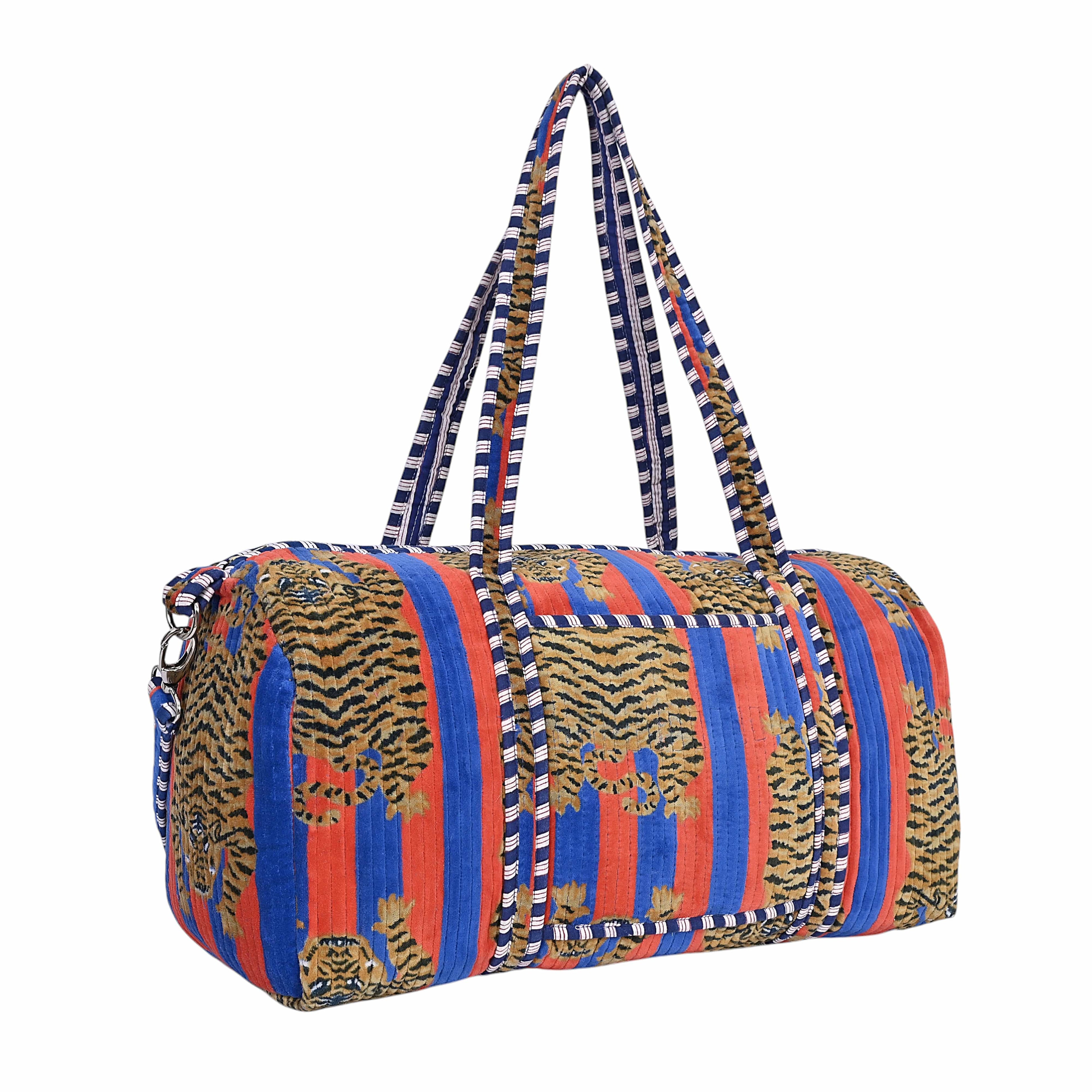The Tibetan Tiger Velvet Weekender — handmade quilted velvet weekender bag, ethically made in Rajasthan, India