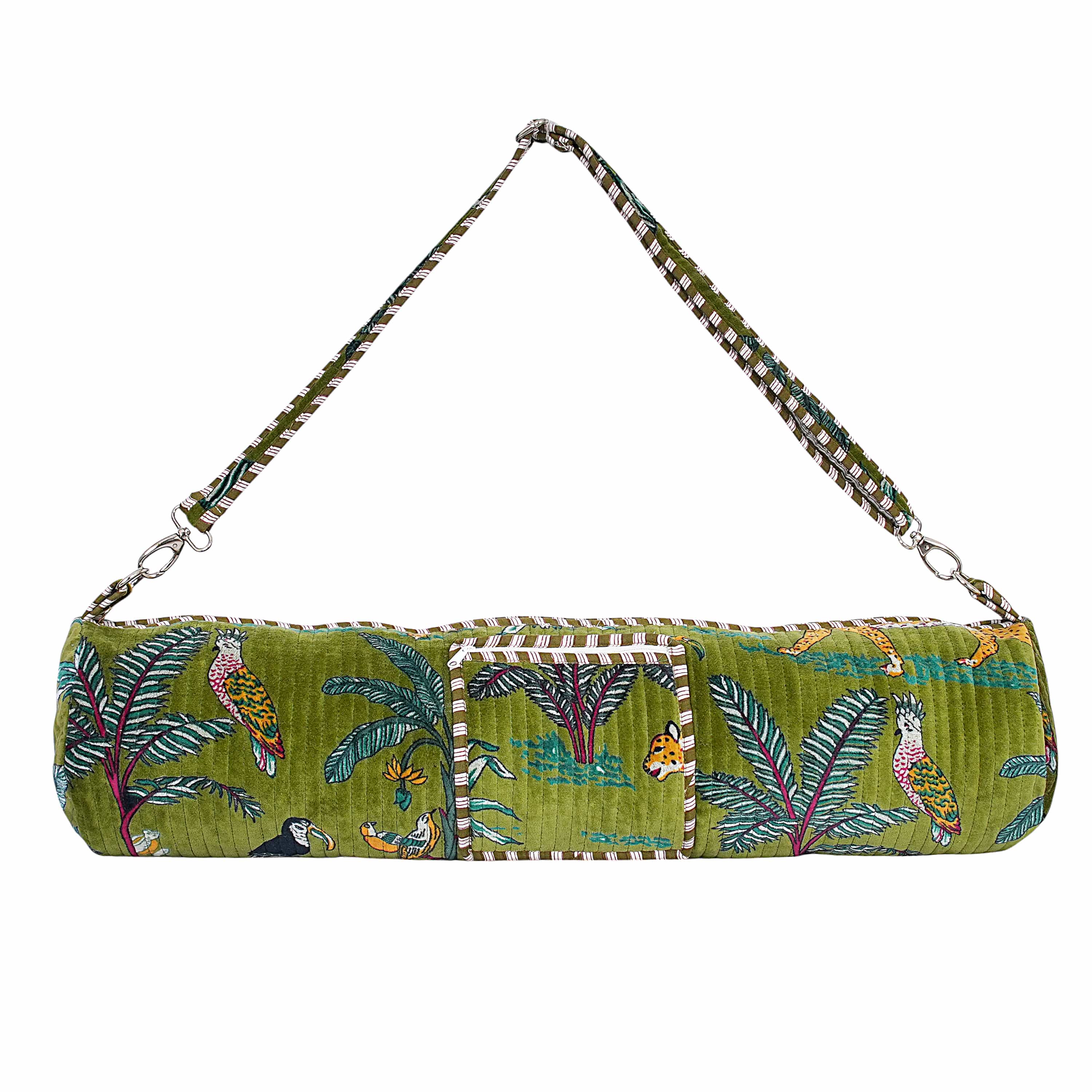 The Jungle Velvet Yoga Bag — handcrafted velvet yoga mat bag with bold Indian jungle print, made in India