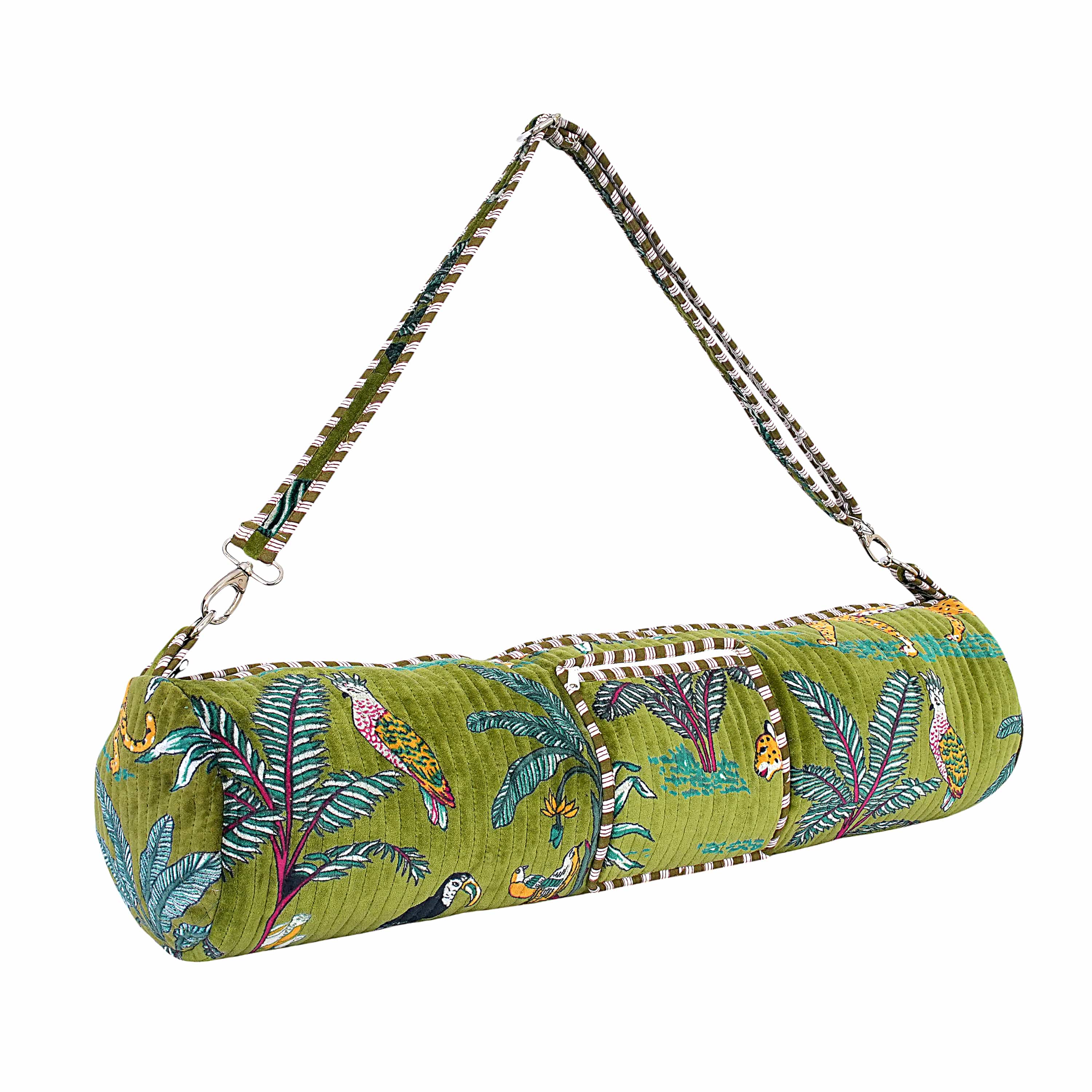 The Jungle Velvet Yoga Bag — handcrafted velvet yoga mat bag with bold Indian jungle print, made in India