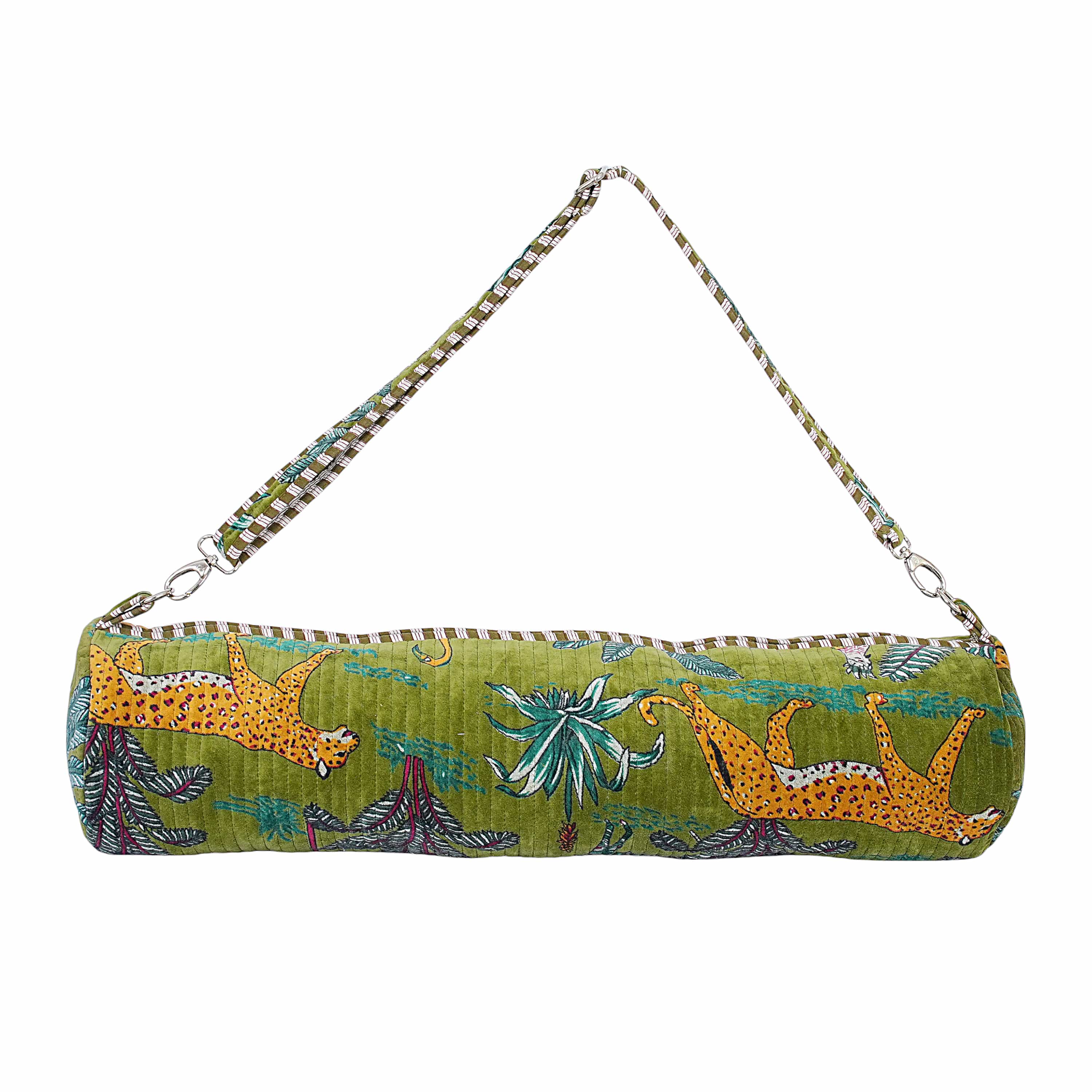 The Jungle Velvet Yoga Bag — handcrafted velvet yoga mat bag with bold Indian jungle print, made in India