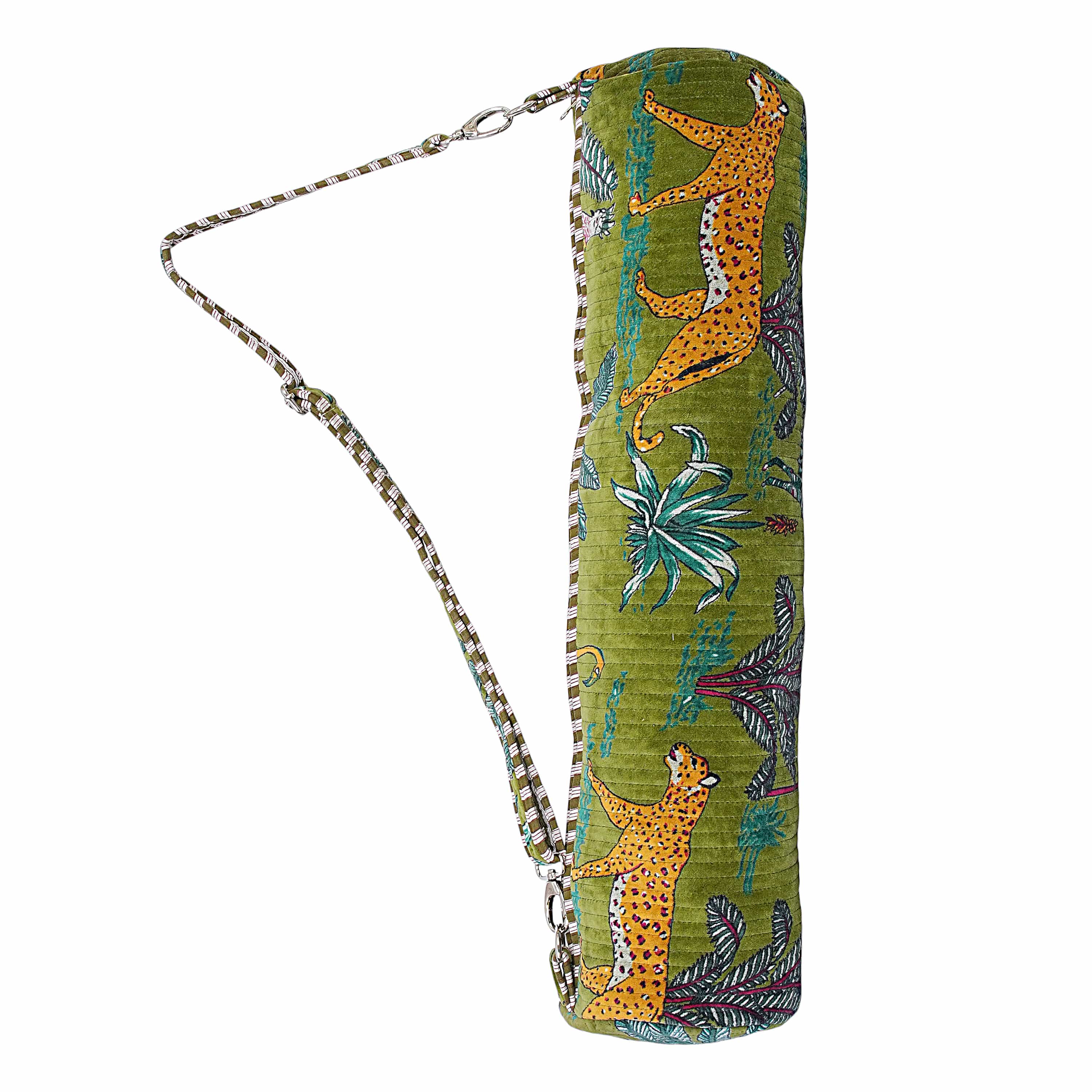 The Jungle Velvet Yoga Bag — handcrafted velvet yoga mat bag with bold Indian jungle print, made in India