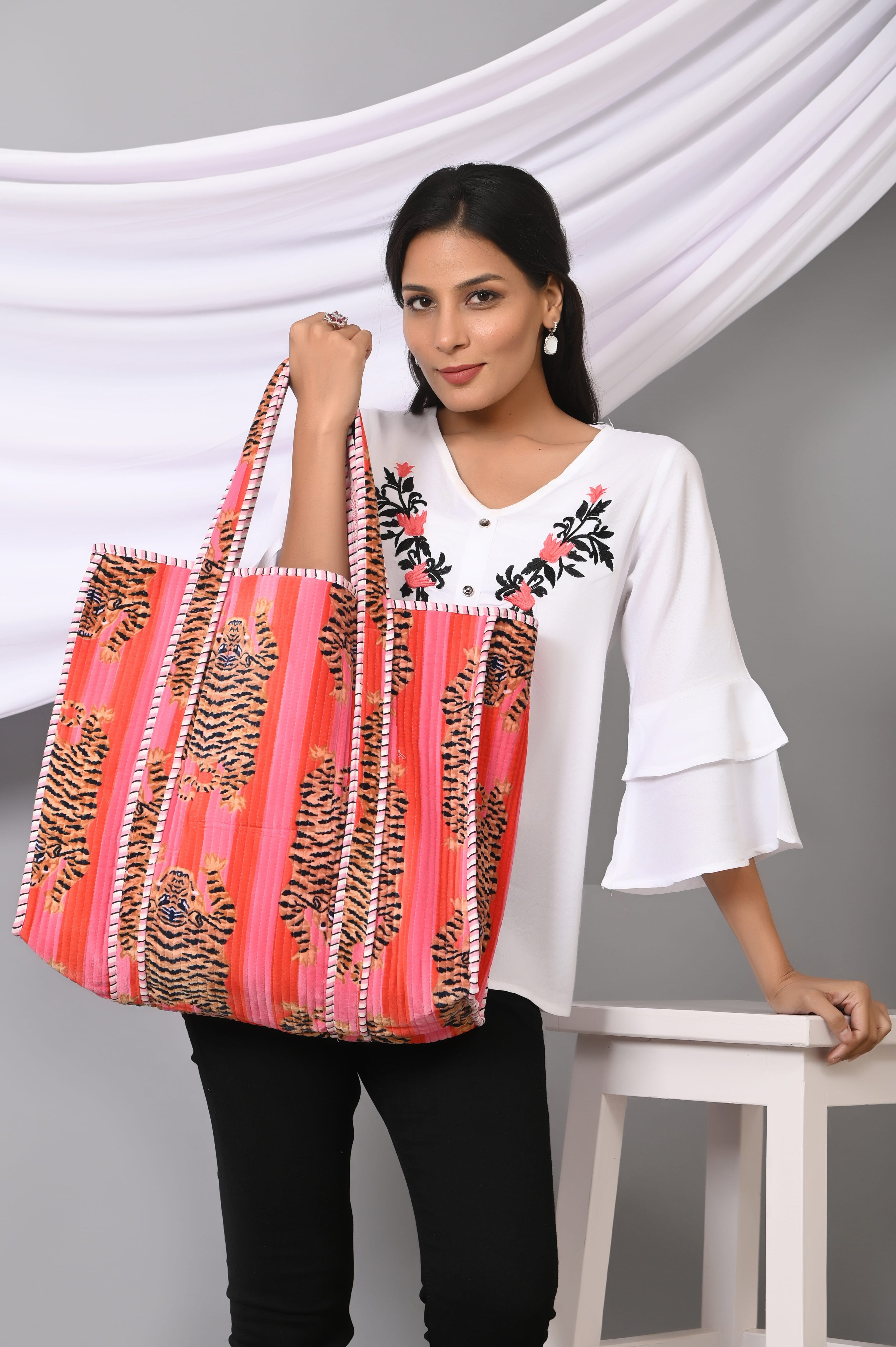 The Tibetan Tiger Tote in Velvet — handmade quilted velvet tote bag, ethically made in Rajasthan, India