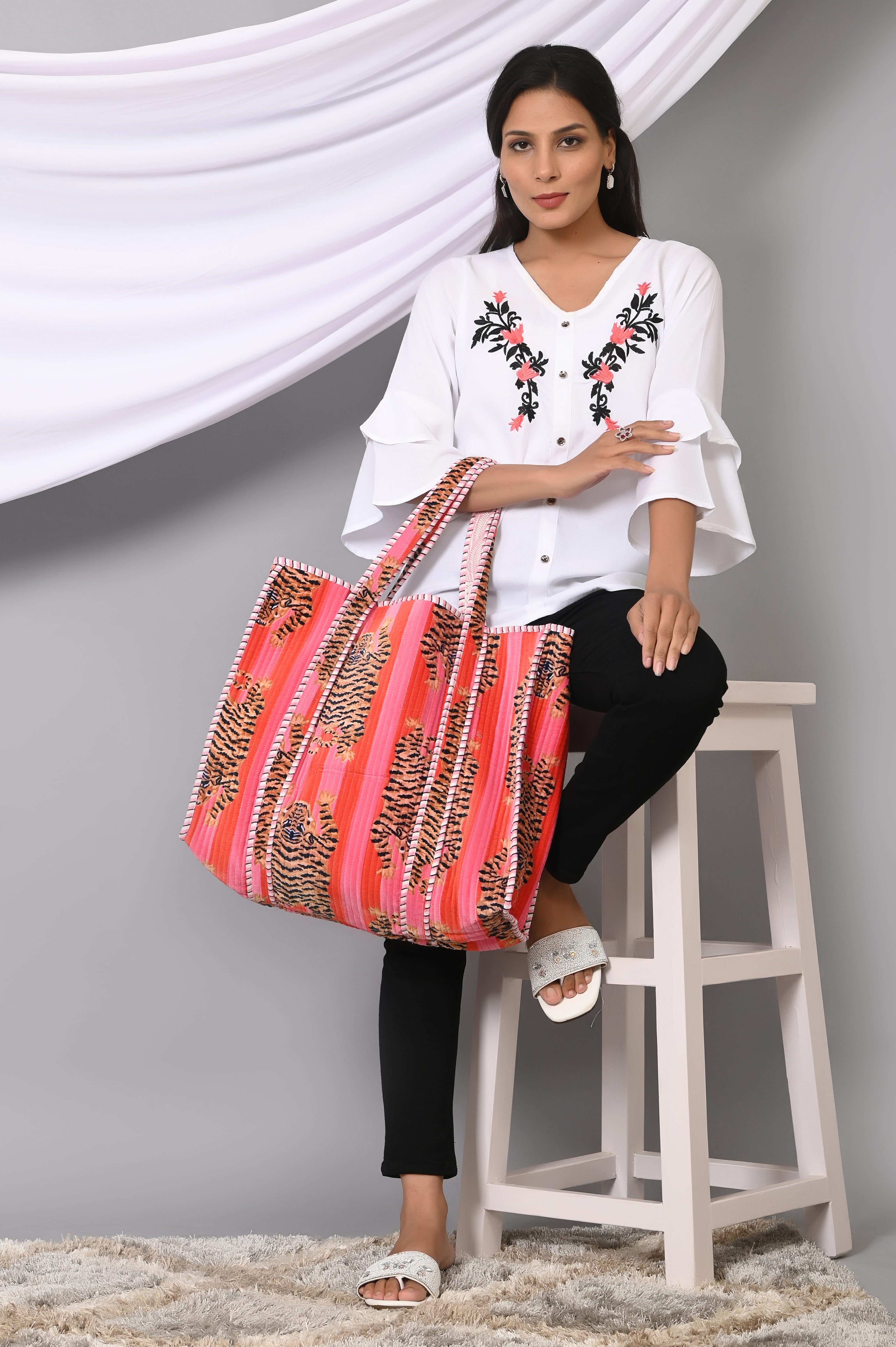 The Tibetan Tiger Tote in Velvet — handmade quilted velvet tote bag, ethically made in Rajasthan, India