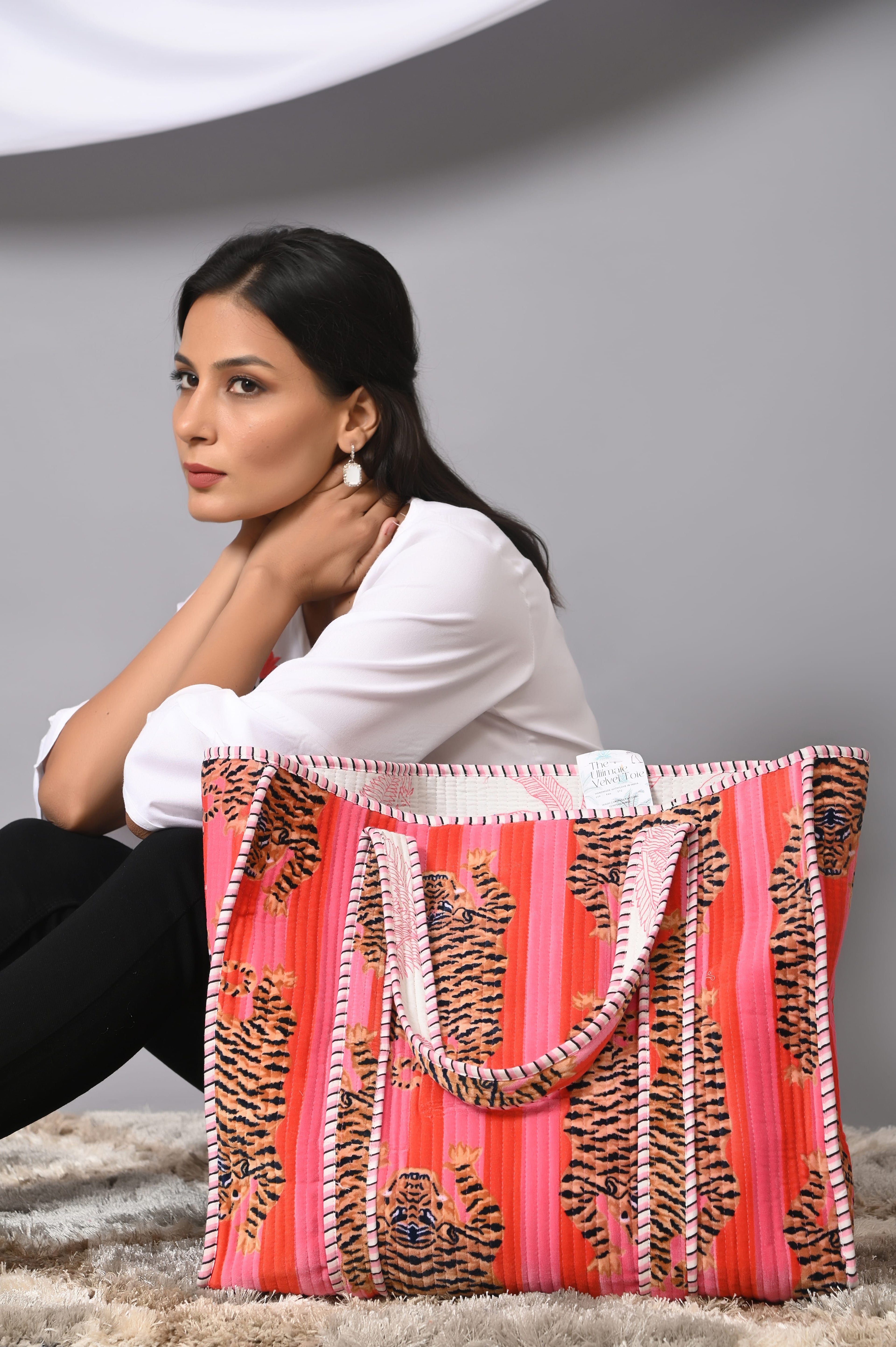 The Tibetan Tiger Tote in Velvet — handmade quilted velvet tote bag, ethically made in Rajasthan, India