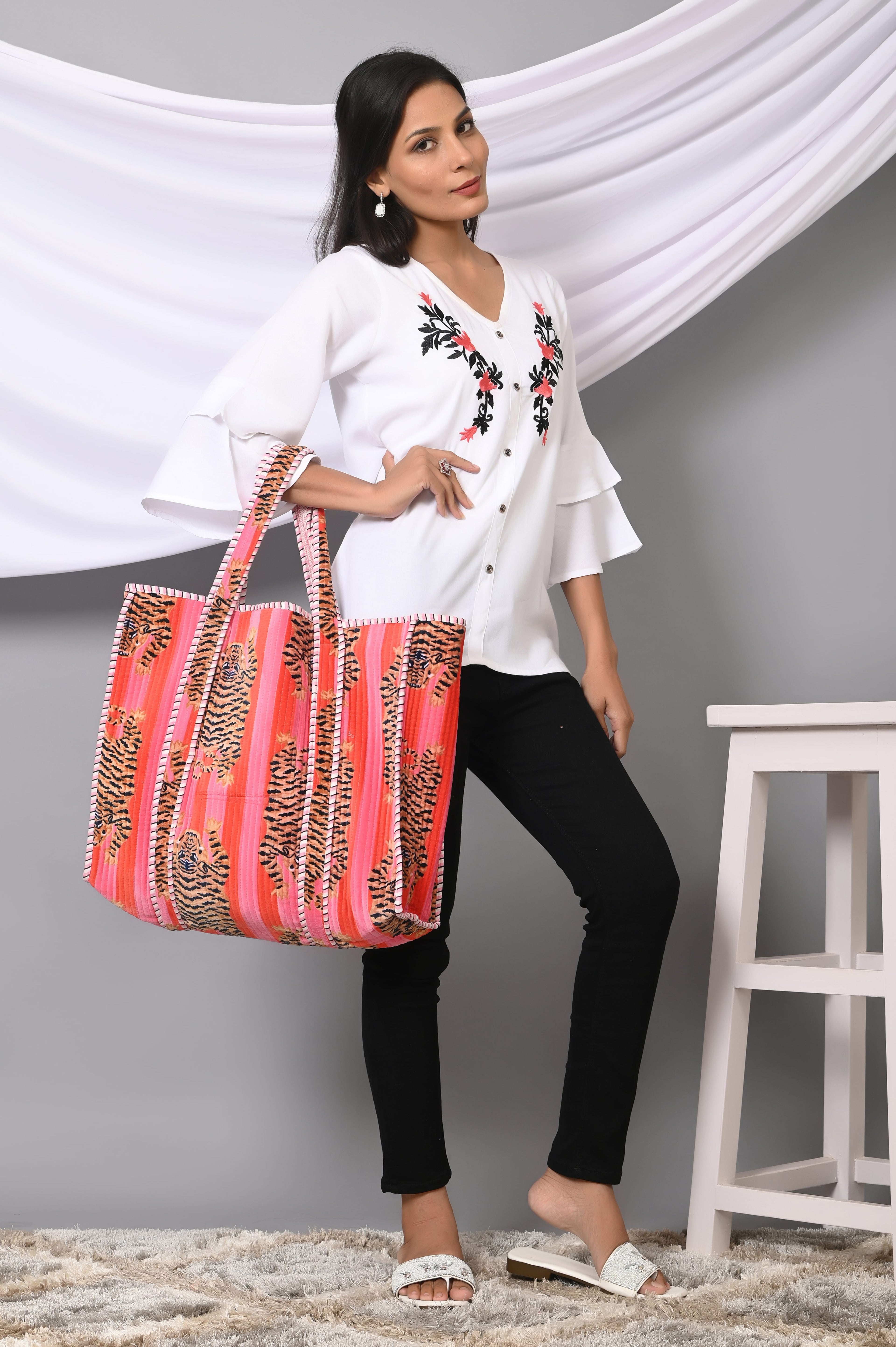 The Tibetan Tiger Tote in Velvet — handmade quilted velvet tote bag, ethically made in Rajasthan, India