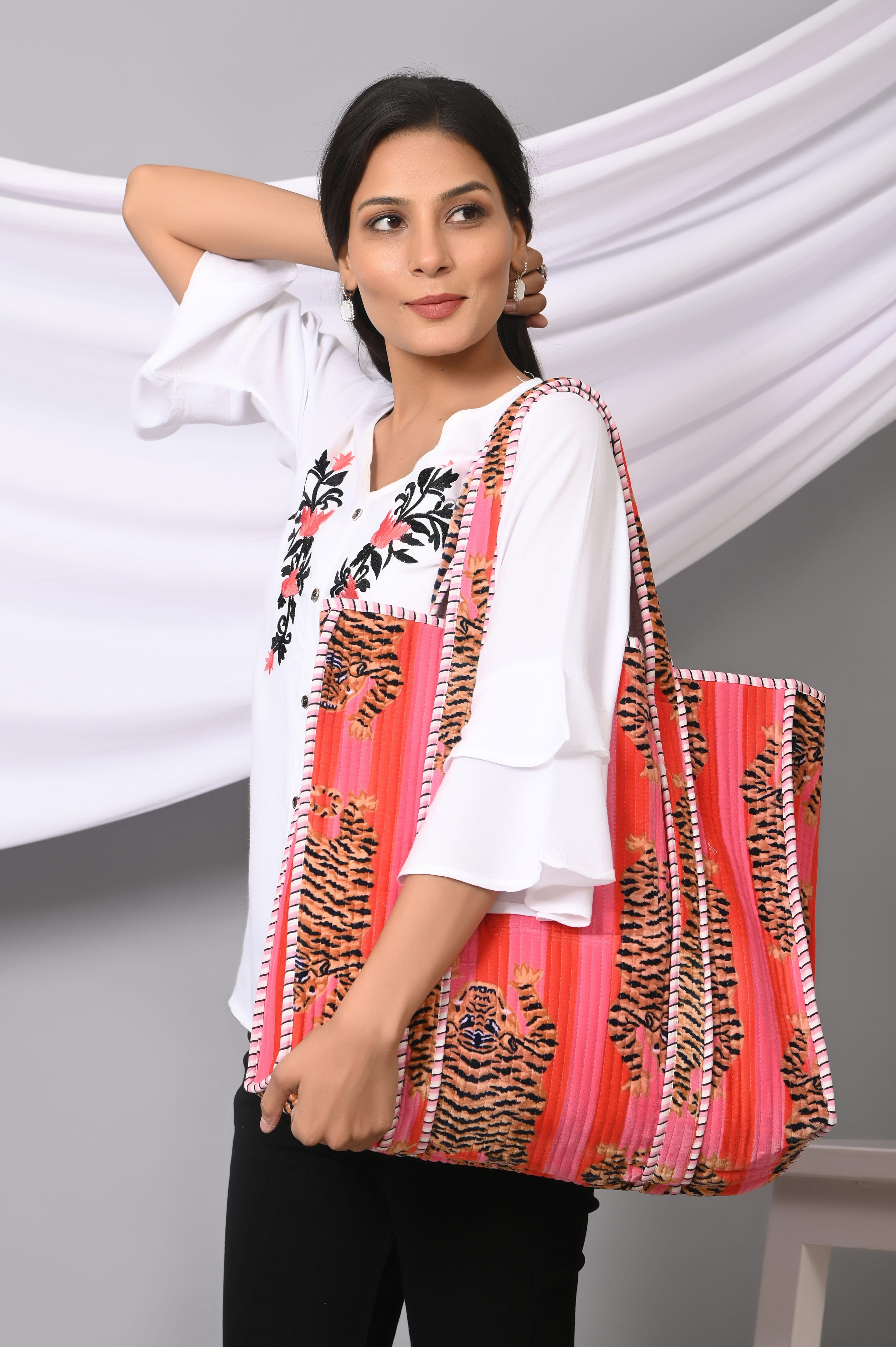 The Tibetan Tiger Tote in Velvet — handmade quilted velvet tote bag, ethically made in Rajasthan, India
