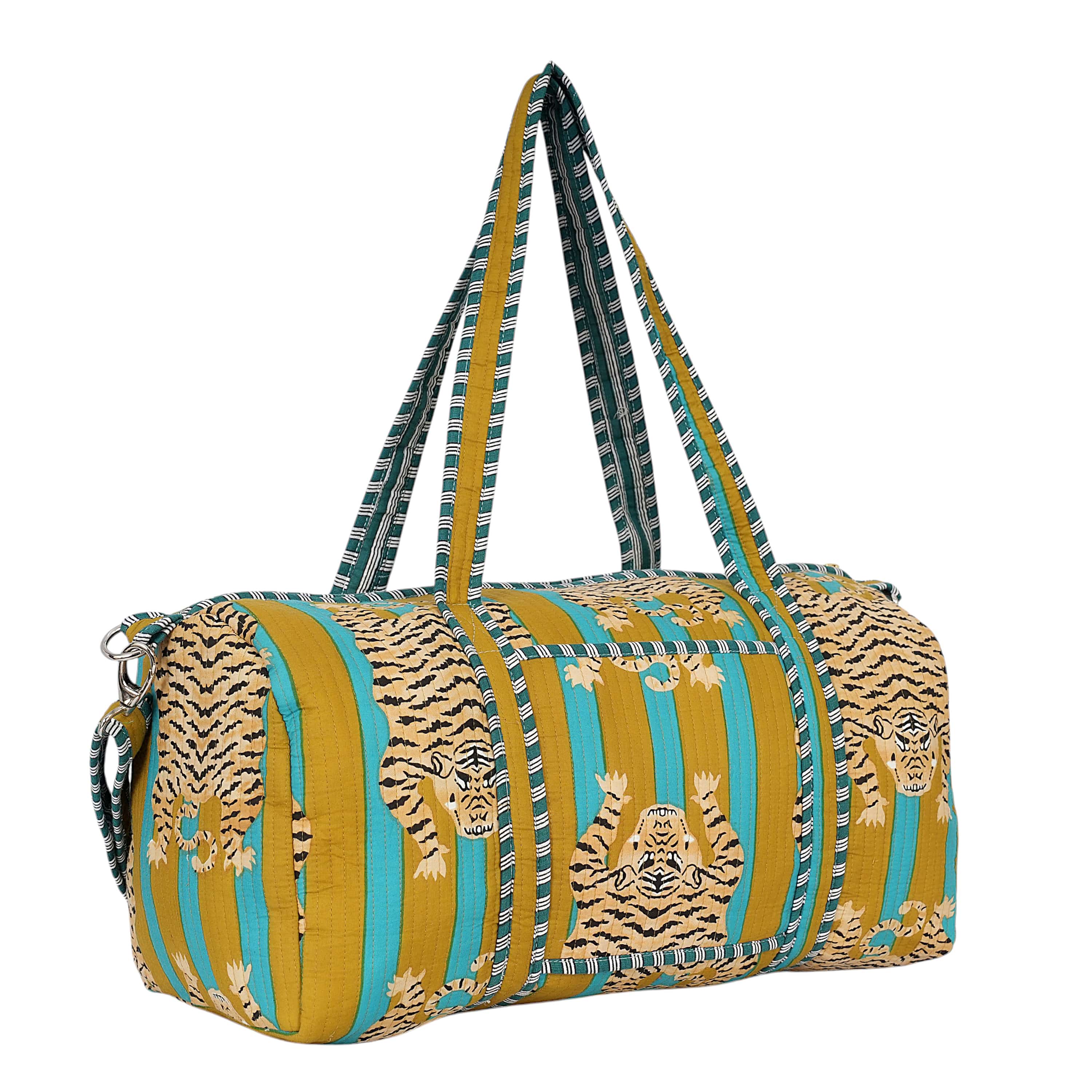 The Tibetan Tiger Weekender — handmade hand block printed cotton weekender bag, ethically made in Rajasthan, India