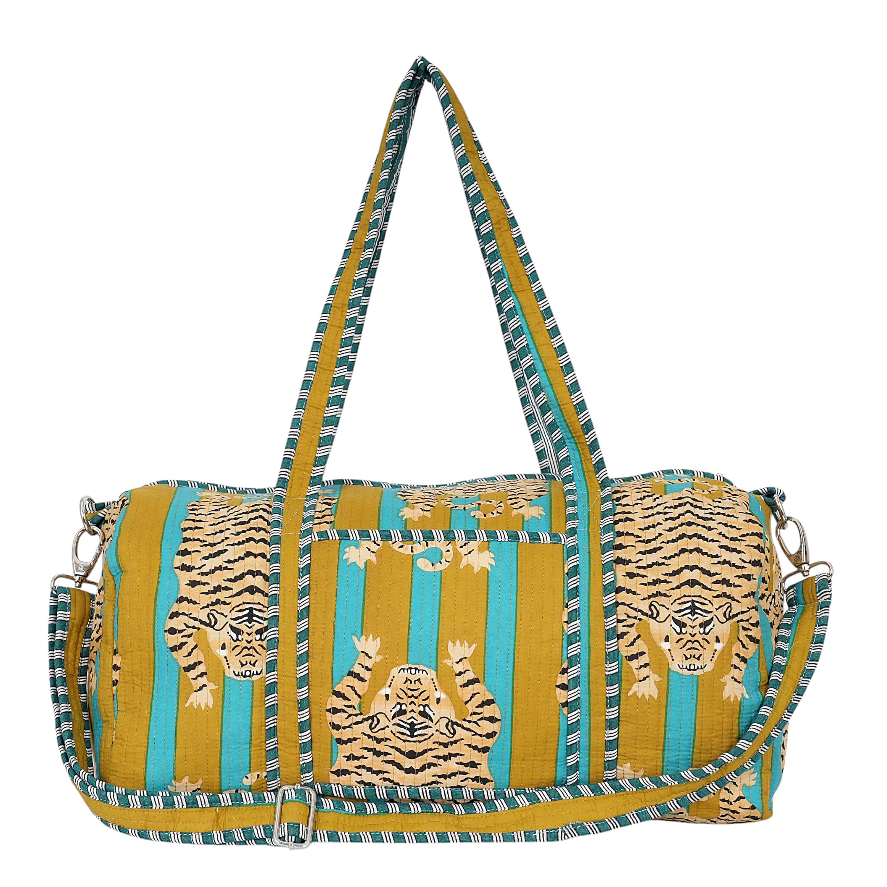 The Tibetan Tiger Weekender — handmade hand block printed cotton weekender bag, ethically made in Rajasthan, India