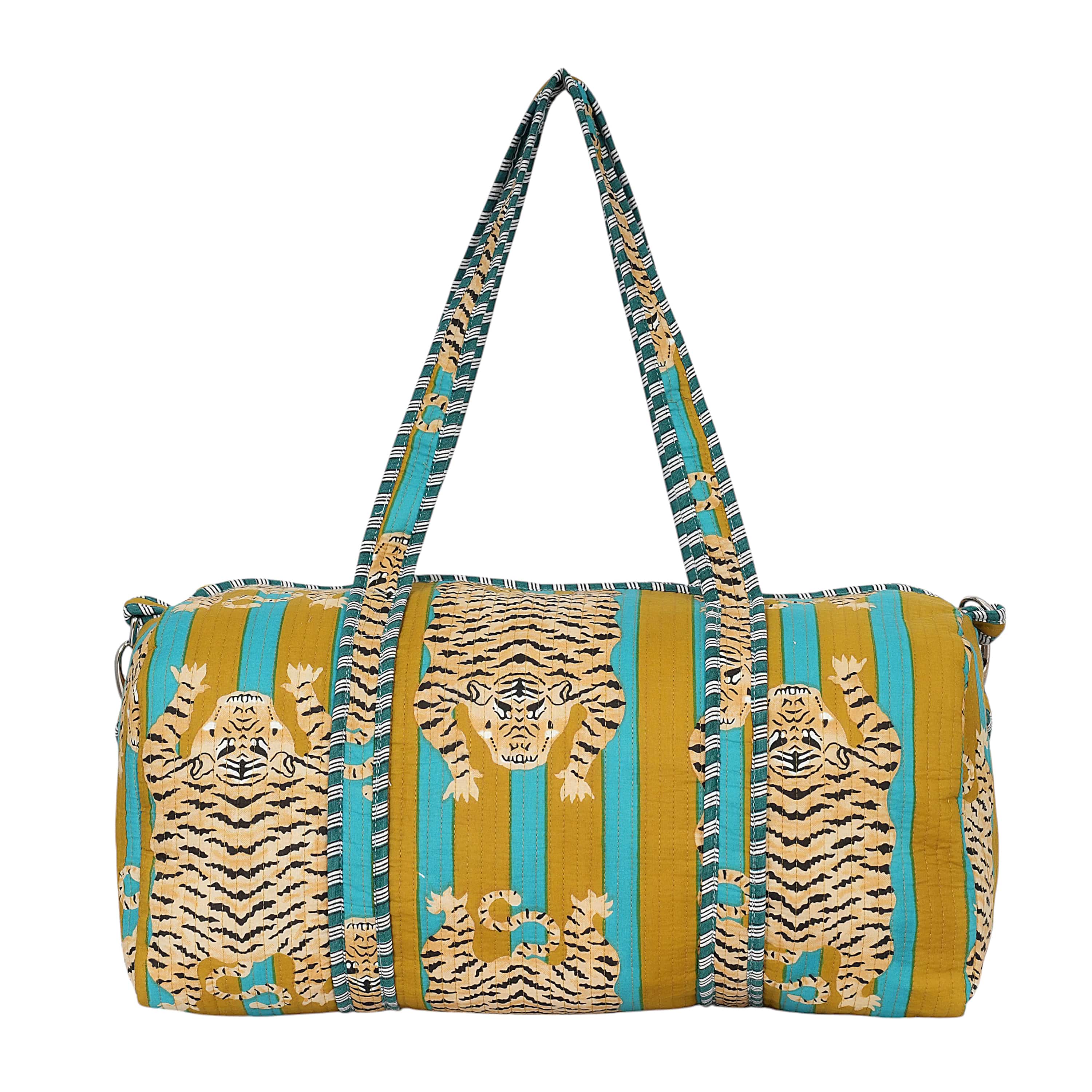 The Tibetan Tiger Weekender — handmade hand block printed cotton weekender bag, ethically made in Rajasthan, India
