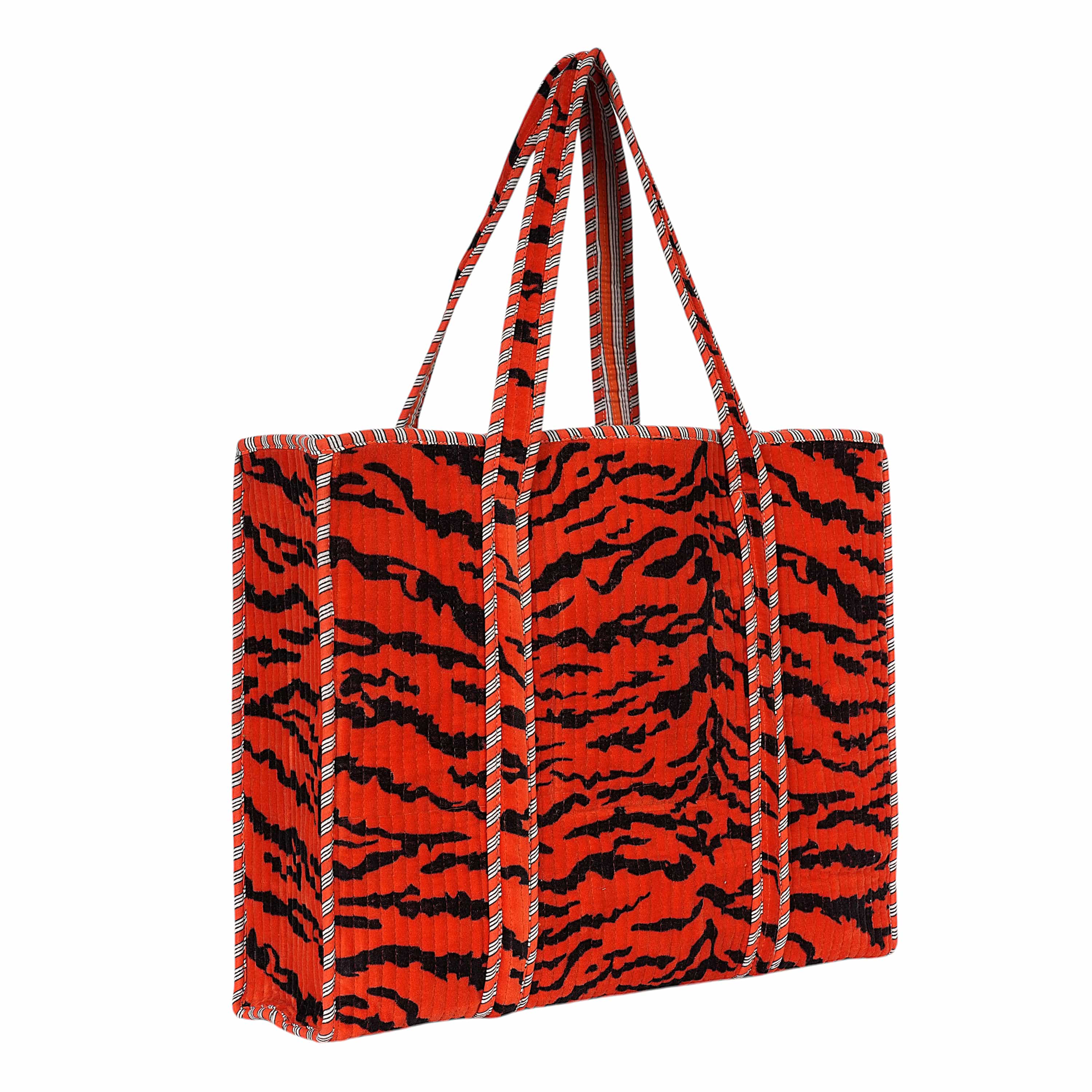 The Velvet Tiger Tote — handmade quilted velvet tote bag, ethically made in Rajasthan, India