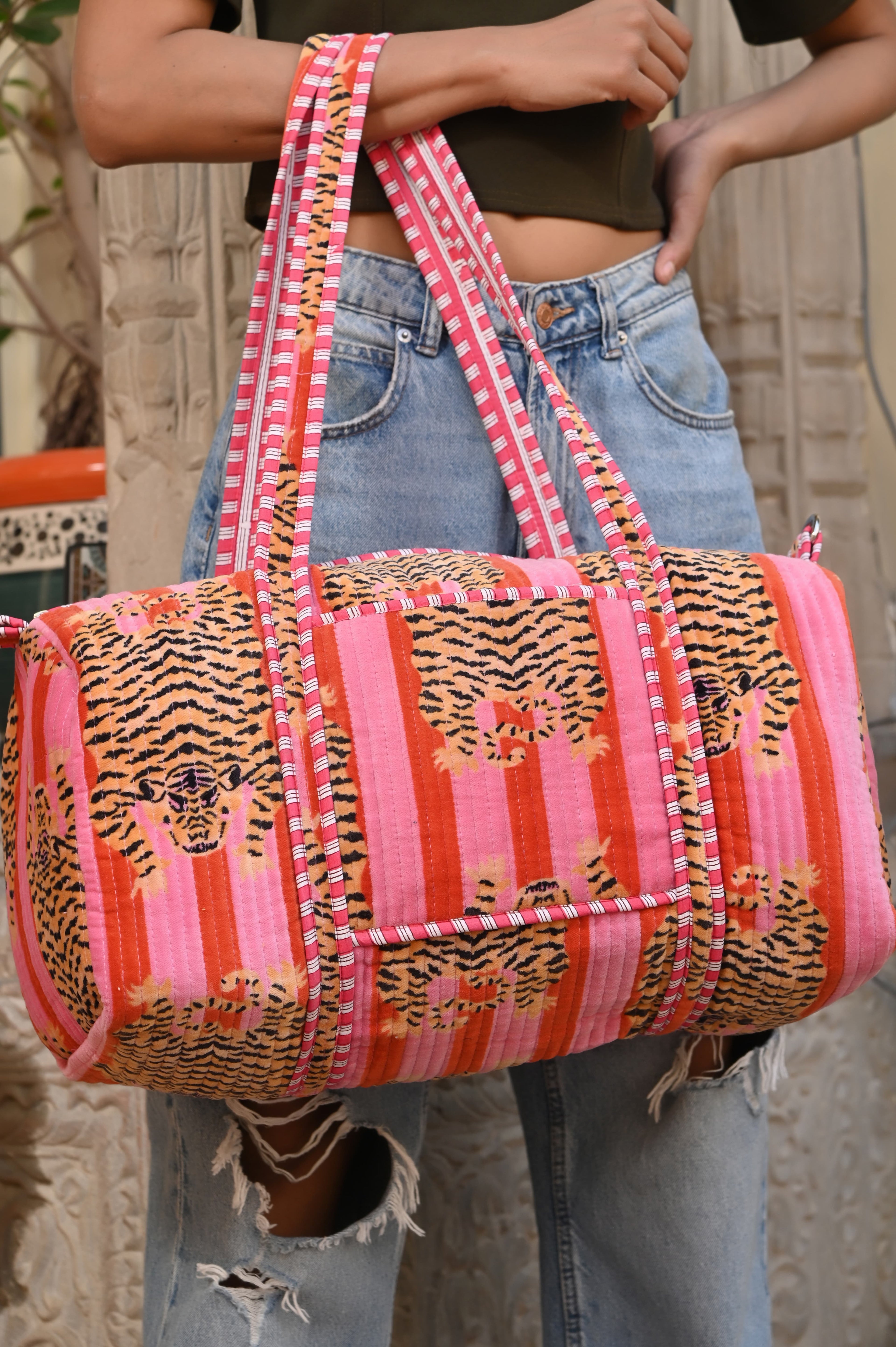 The Tibetan Tiger Velvet Weekender — handmade quilted velvet weekender bag, ethically made in Rajasthan, India