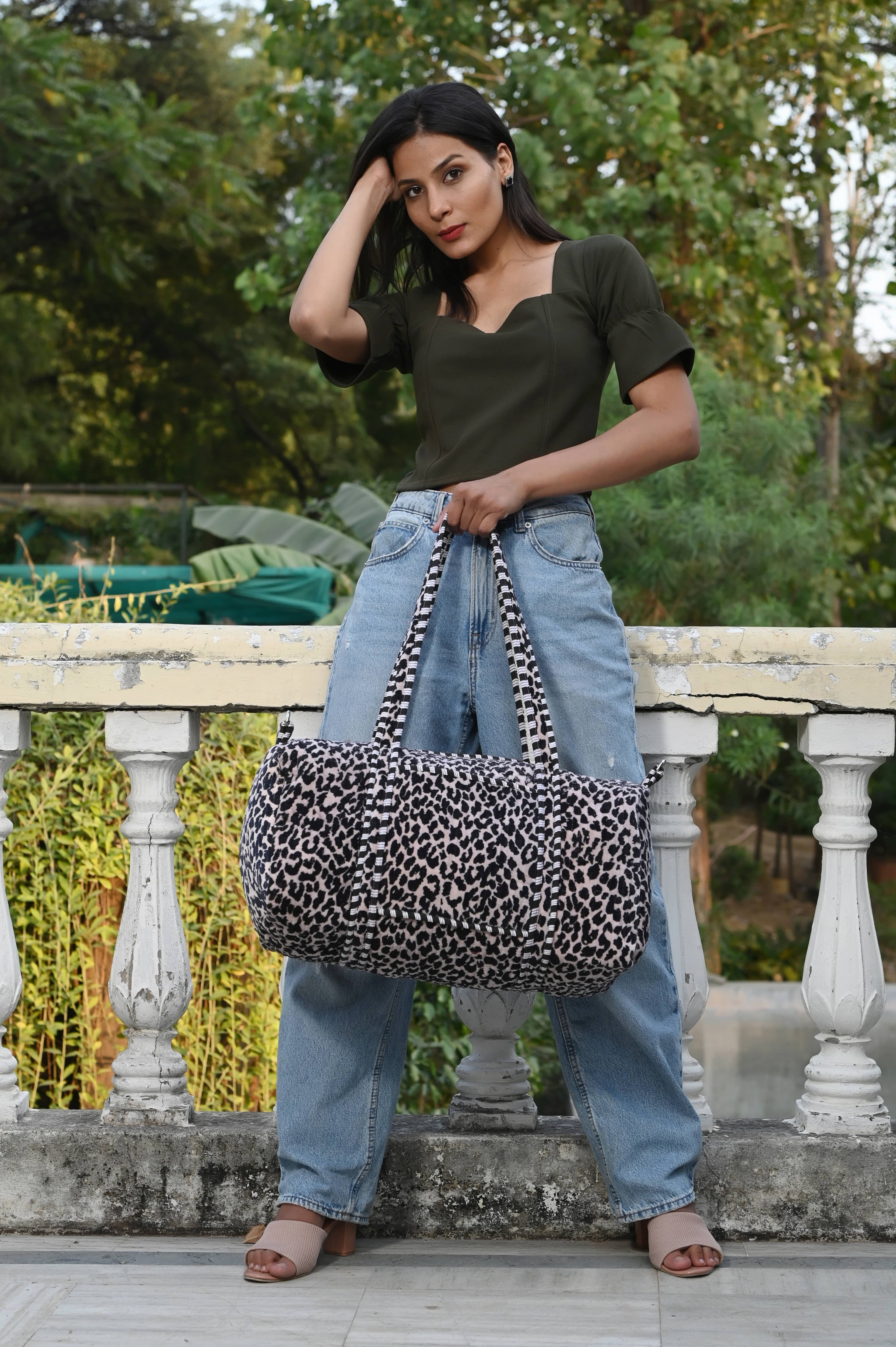 The Velvet Leopard Weekender — handmade quilted velvet weekender bag, ethically made in Rajasthan, India