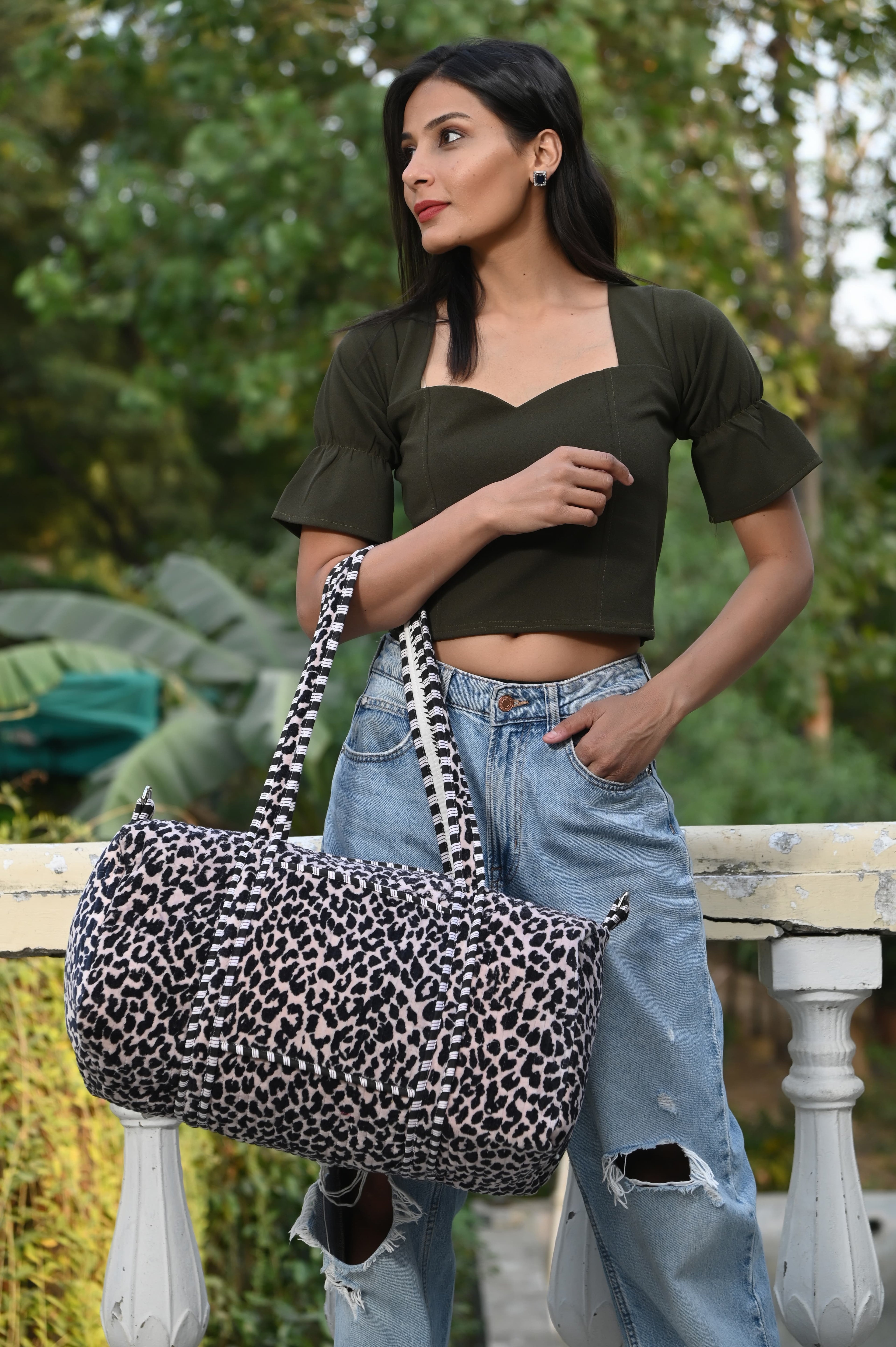 The Velvet Leopard Weekender — handmade quilted velvet weekender bag, ethically made in Rajasthan, India